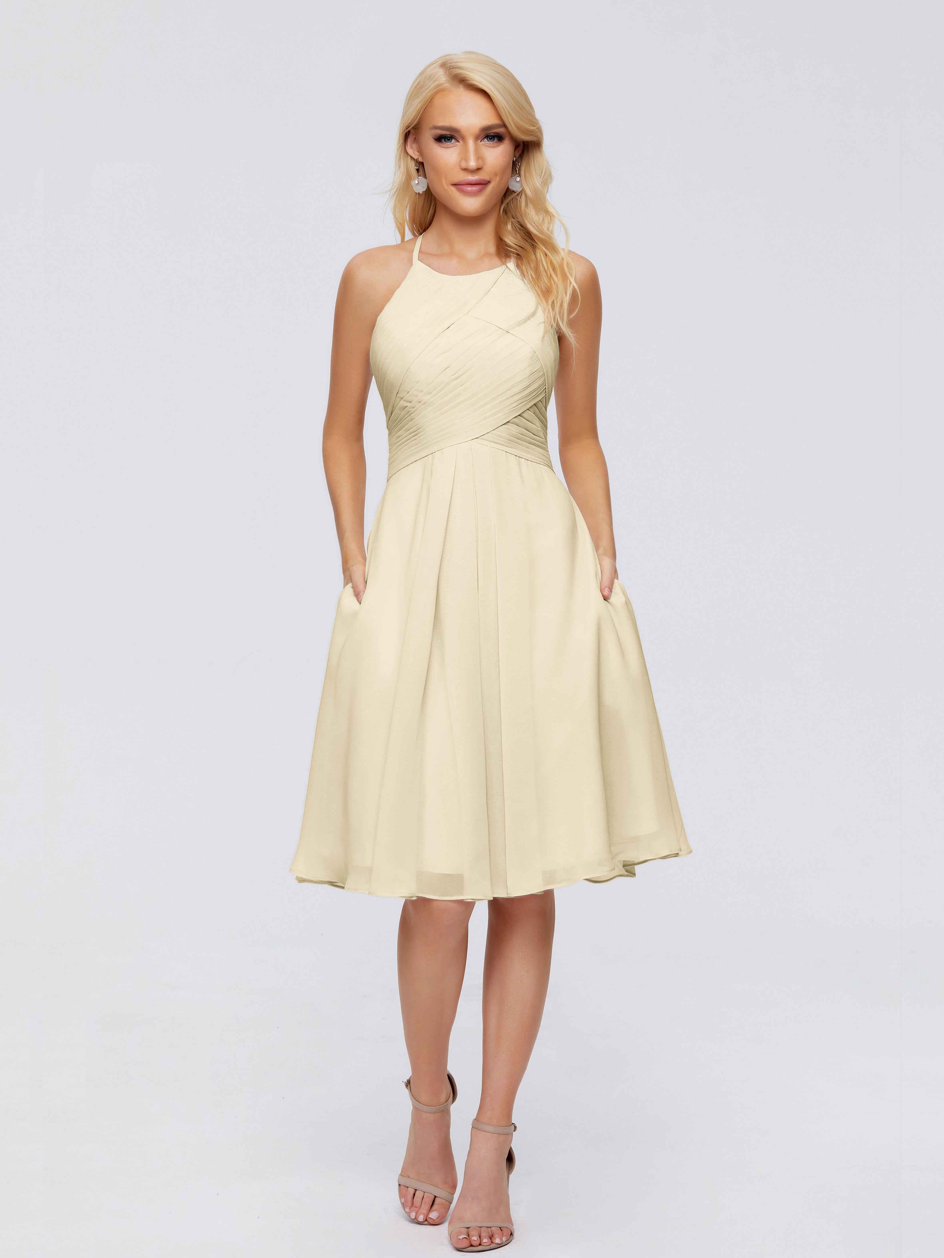 Robe Demoiselle D Honneur Champagne Licou Longueur Genou Robes Demoiselle D'Honneur