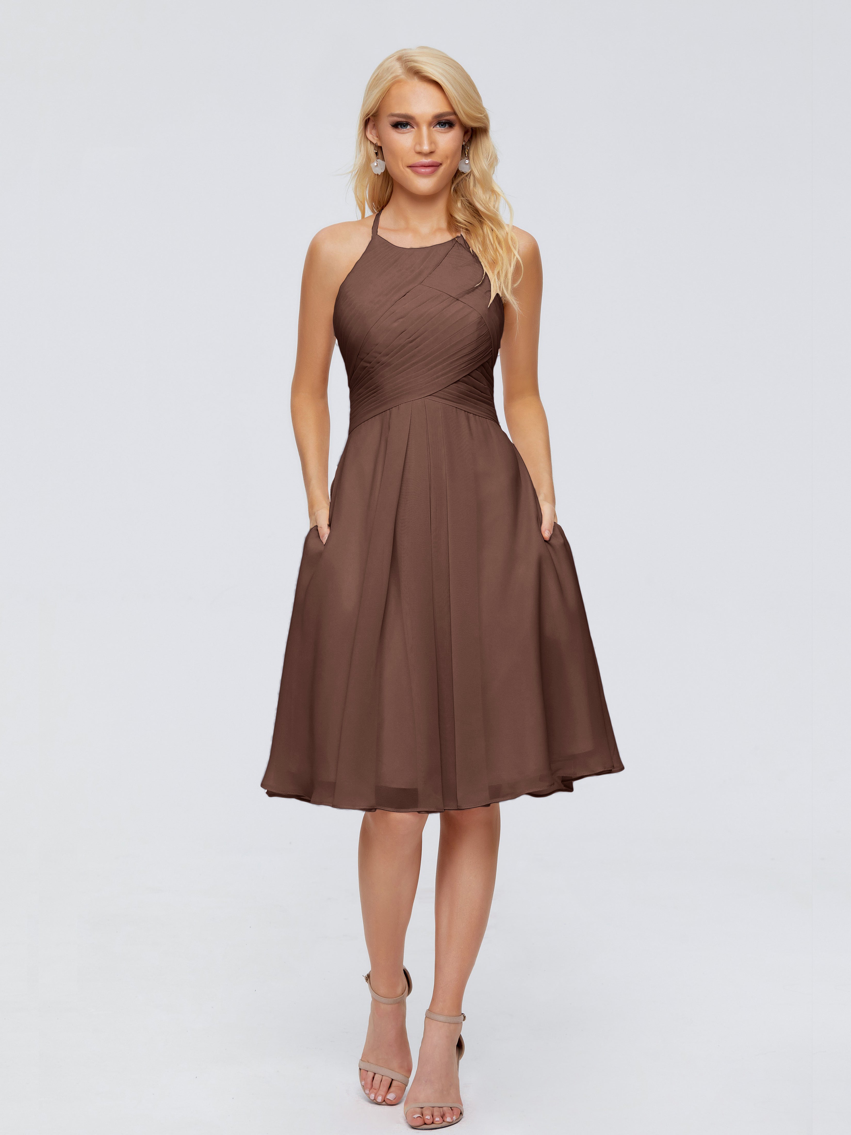 Robe Marron Chocolat Demoiselle D Honneur Licou Longueur Genou Robes Demoiselle D'Honneur