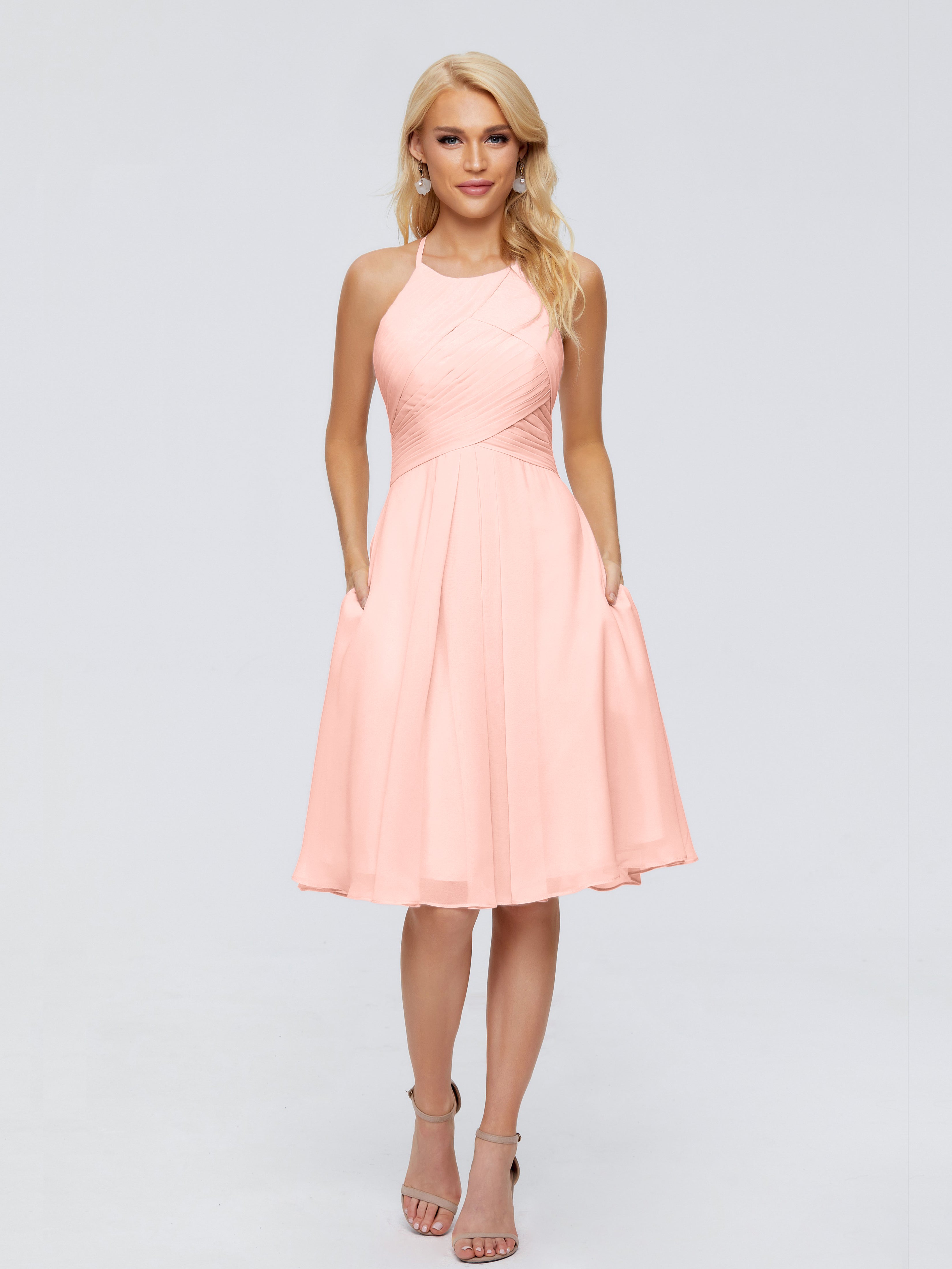 Robes De Demoiselle D'Honneur Corail Courtes Licou Longueur Genou Robes Demoiselle D'Honneur