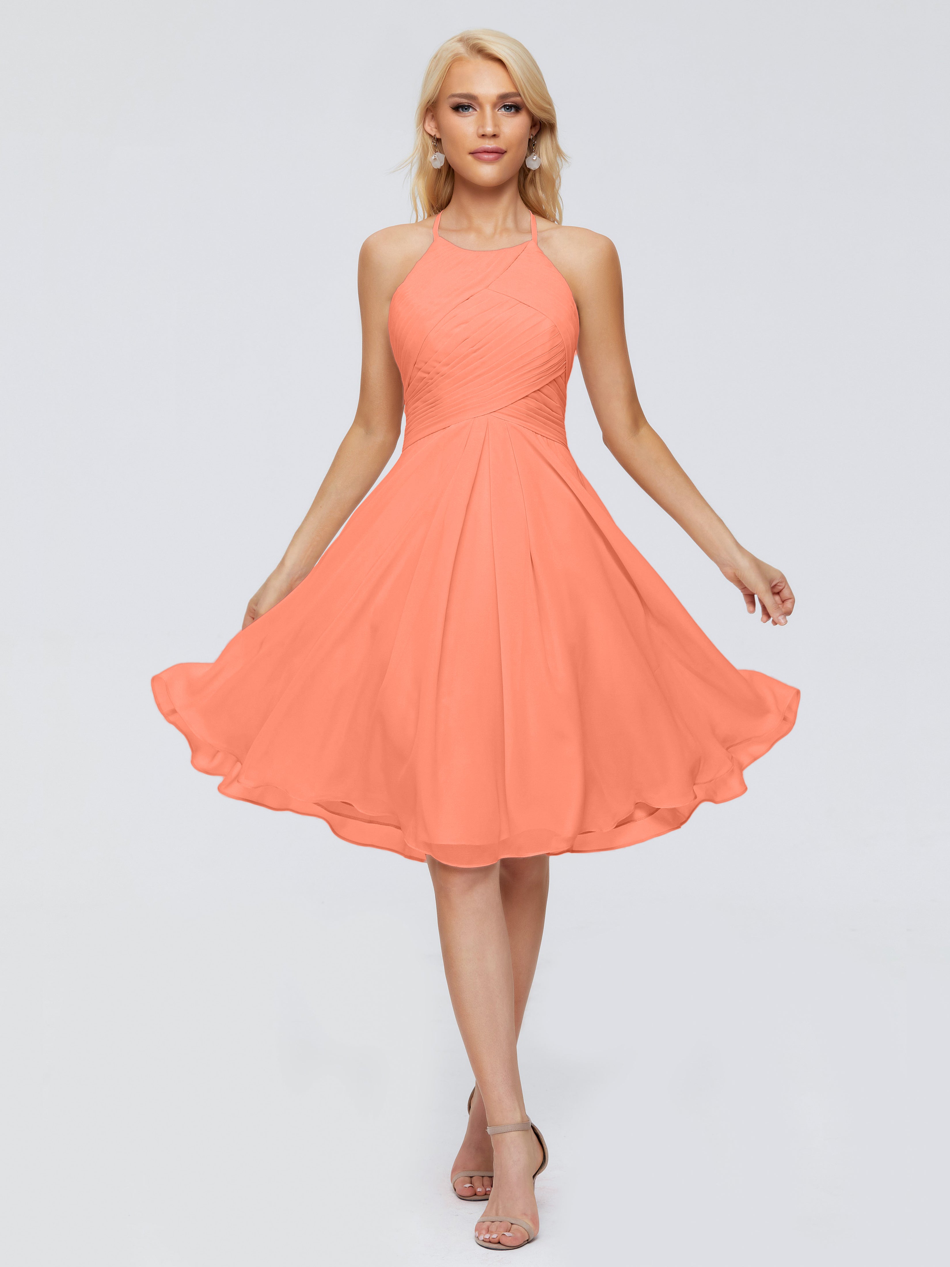 Robes De Demoiselle D'Honneur Coucher De Soleil Licou Longueur Genou Robes Demoiselle D'Honneur