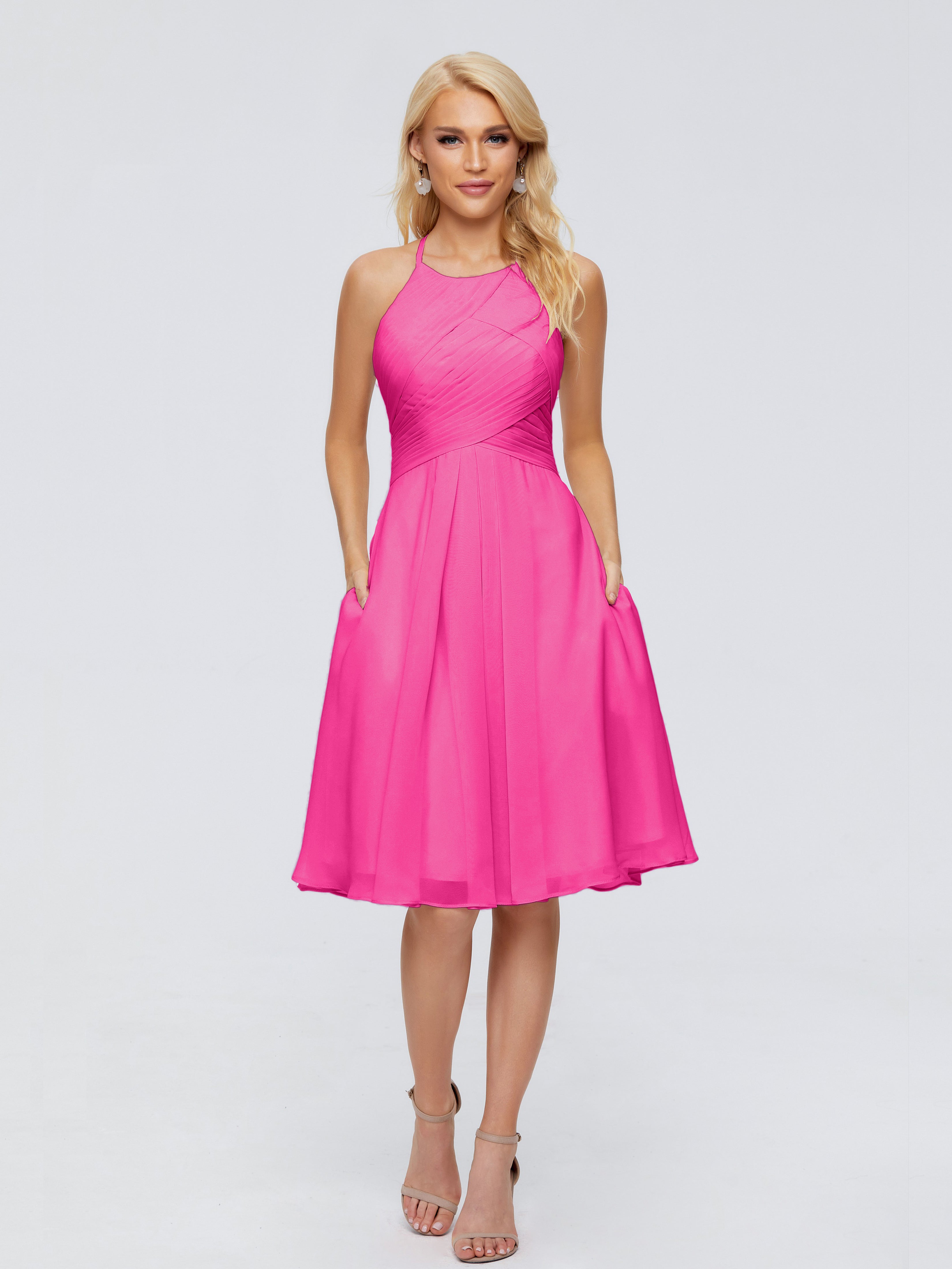 Robe Demoiselle D Honneur Fuchsia Licou Longueur Genou Robes Demoiselle D'Honneur