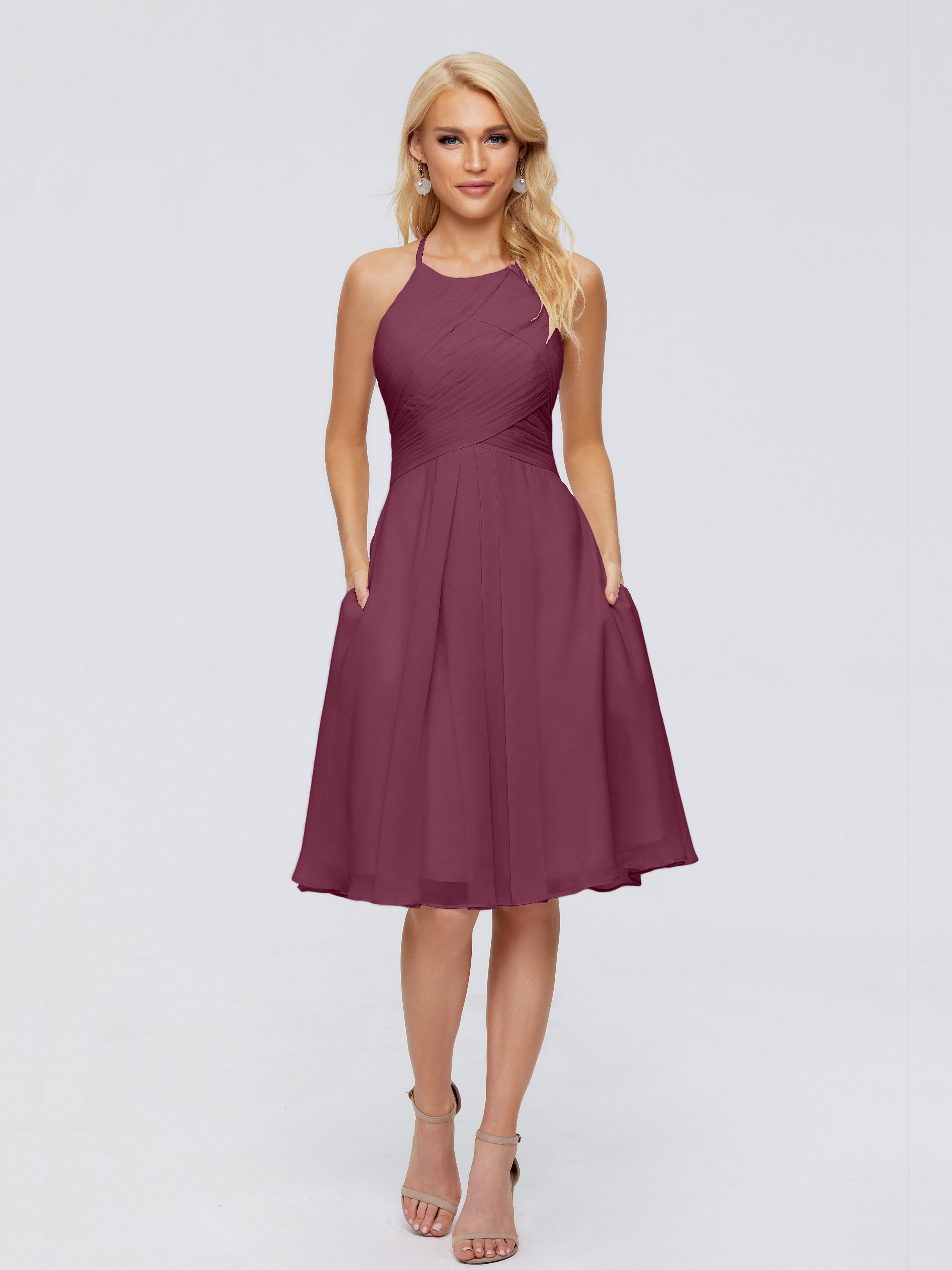Robes De Demoiselle D'Honneur Mûre Licou Longueur Genou Robes Demoiselle D'Honneur
