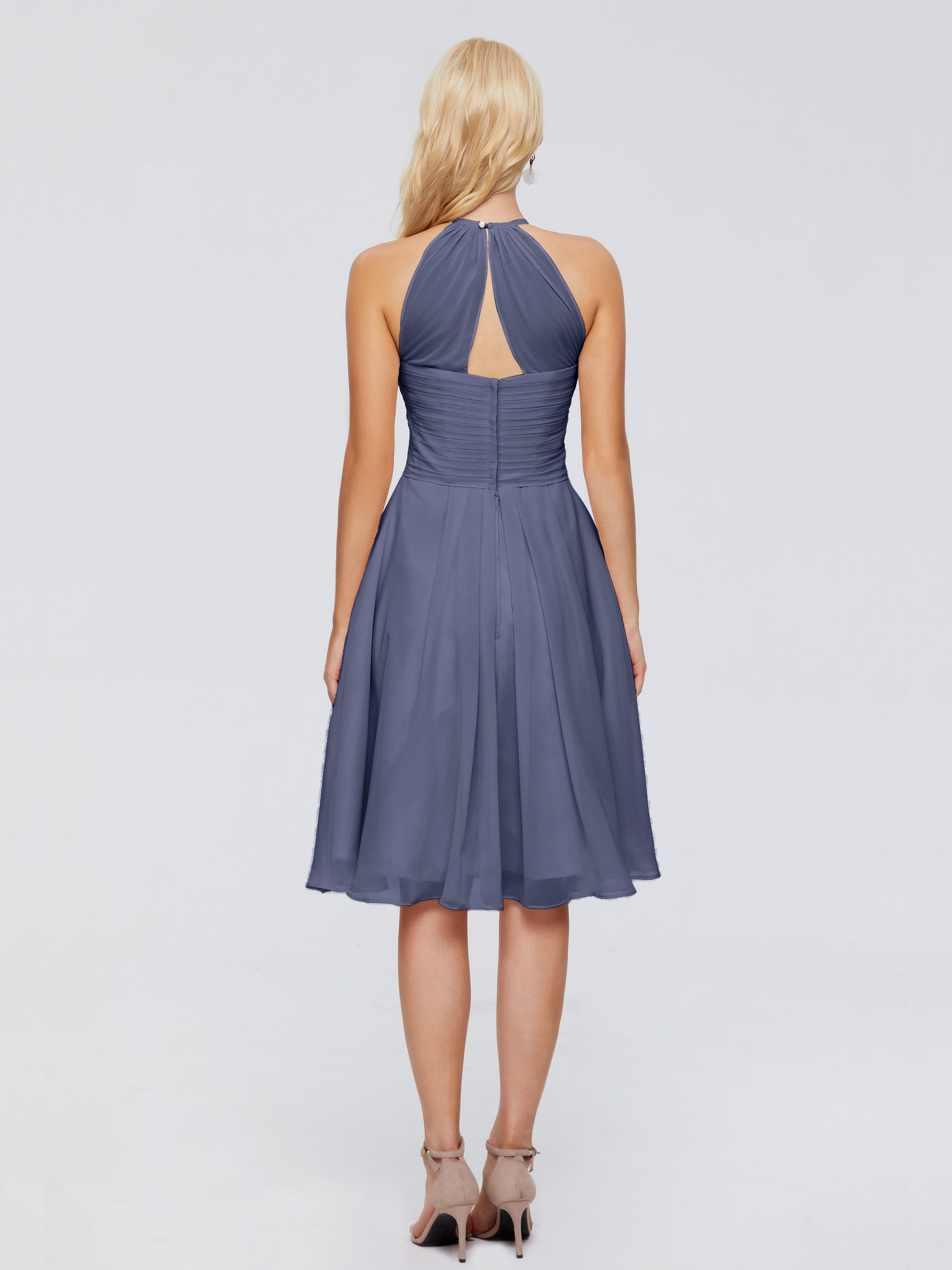 Robes De Demoiselle D'Honneur Bleu Orageux Licou Longueur Genou Robes Demoiselle D'Honneur