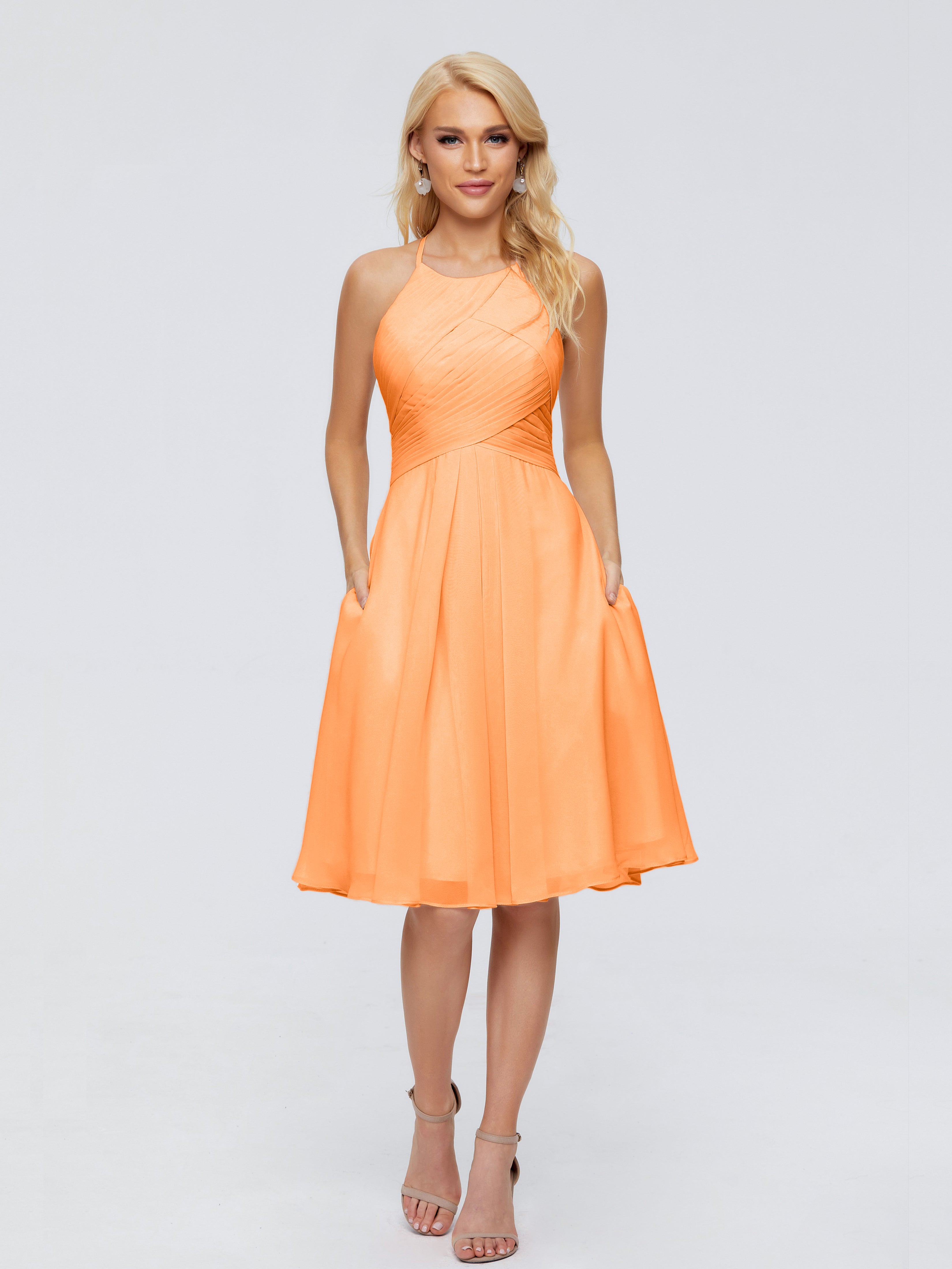 Robe De Demoiselle D Honneur Orange Licou Longueur Genou Robes Demoiselle D'Honneur