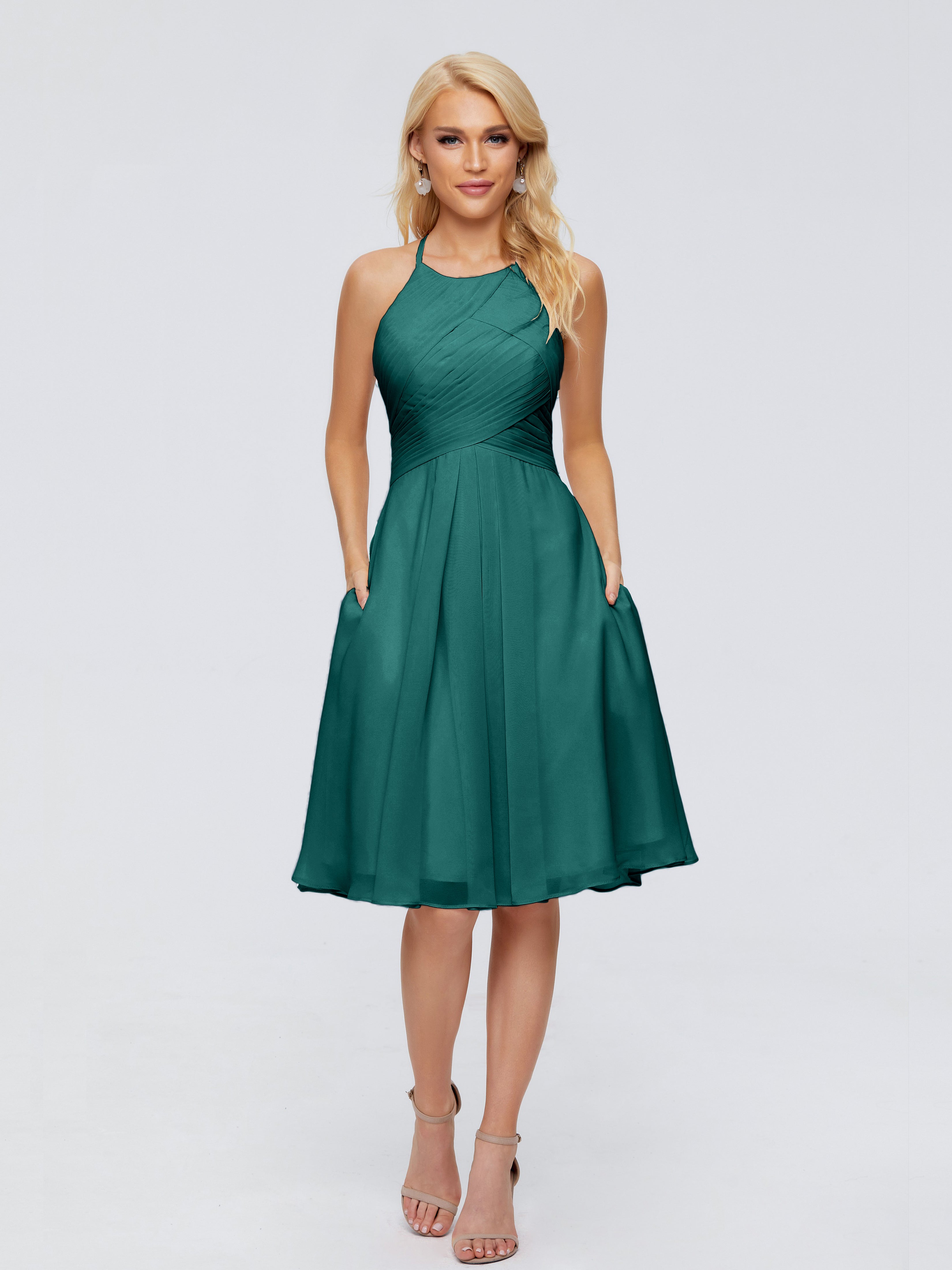 Robe De Demoiselle D'Honneur De Paon Au Sol Licou Longueur Genou Robes Demoiselle D'Honneur