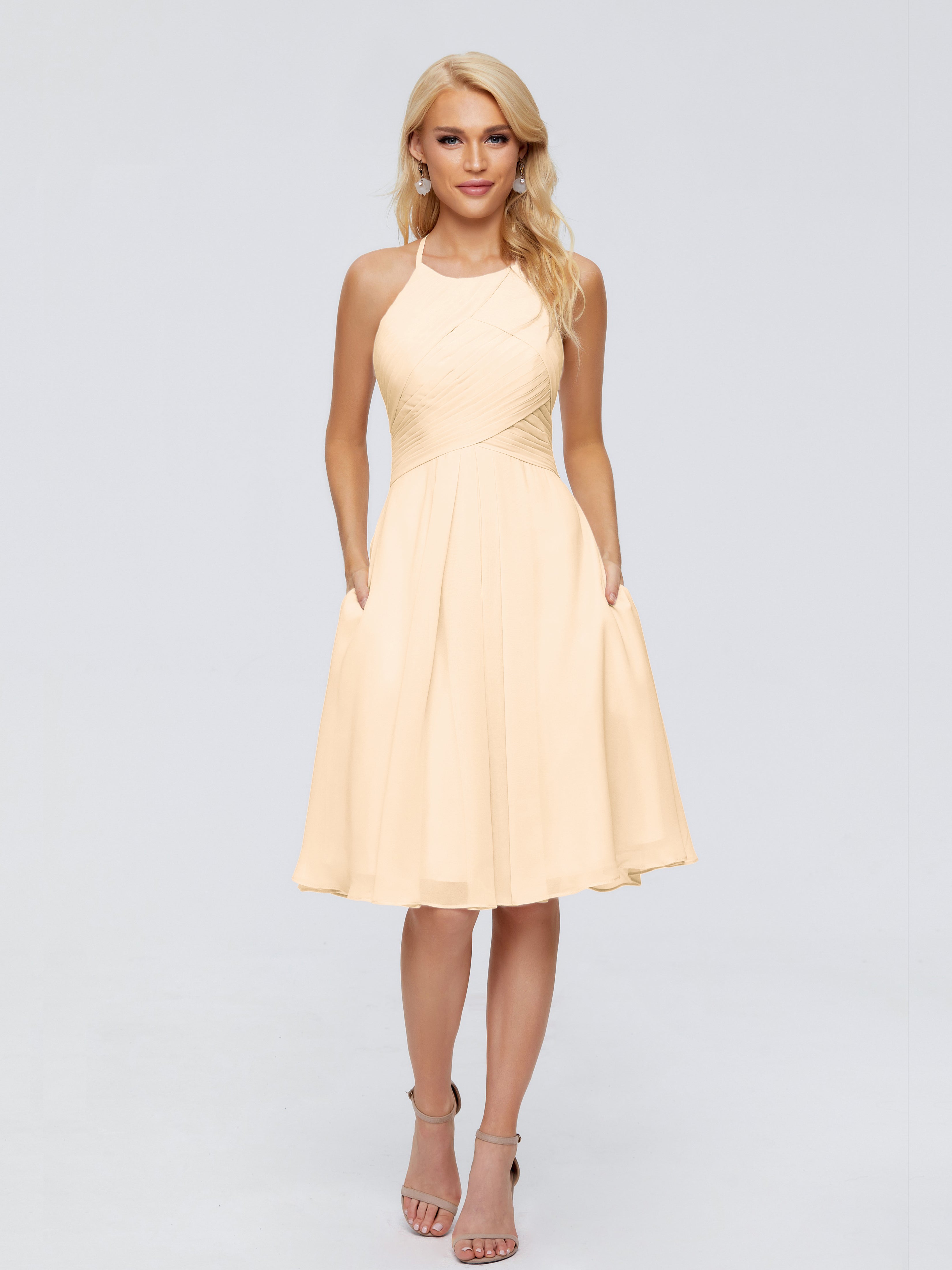 Robe Demoiselle D Honneur Pêche Licou Longueur Genou Robes Demoiselle D'Honneur