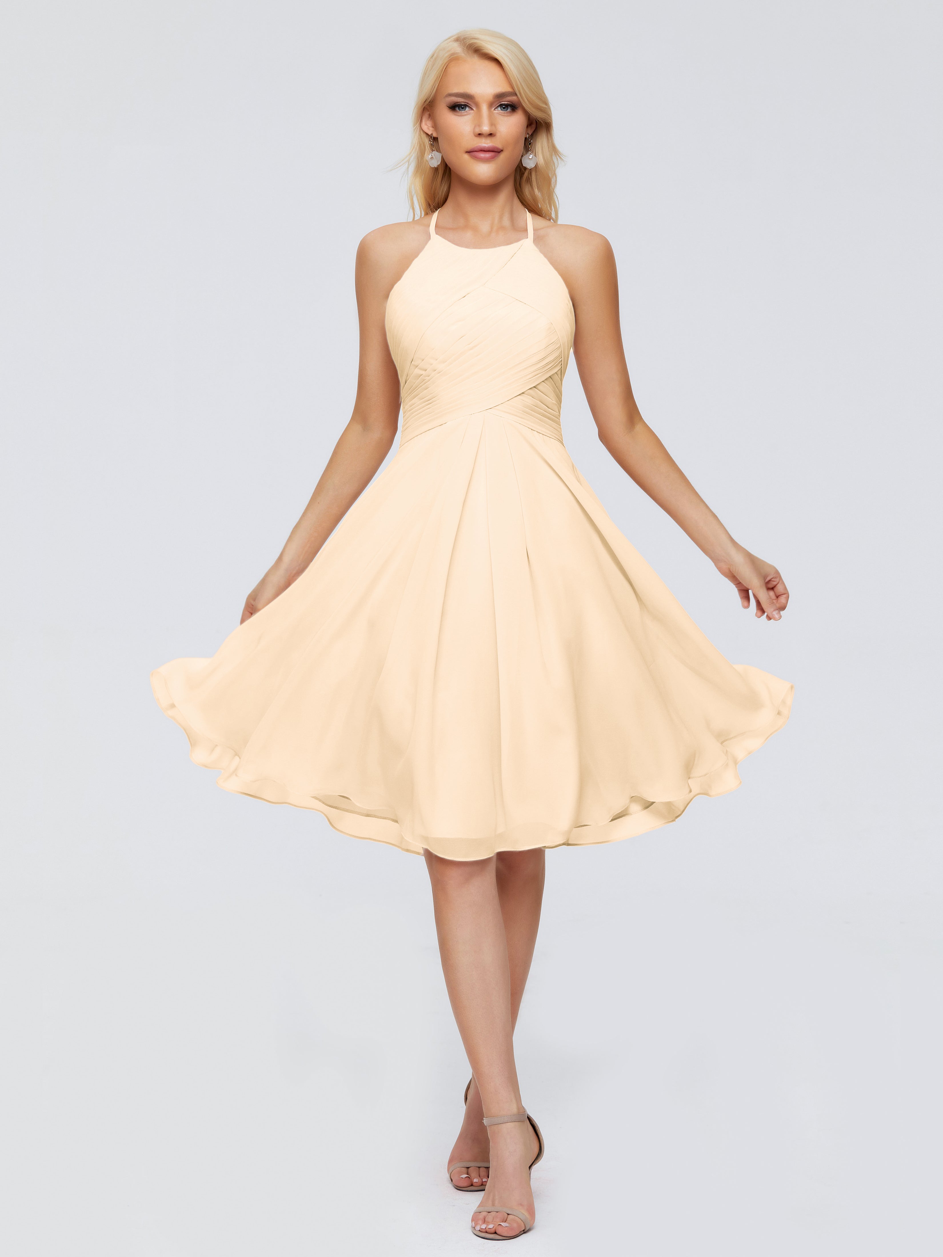 Robe Demoiselle D Honneur Pêche Licou Longueur Genou Robes Demoiselle D'Honneur