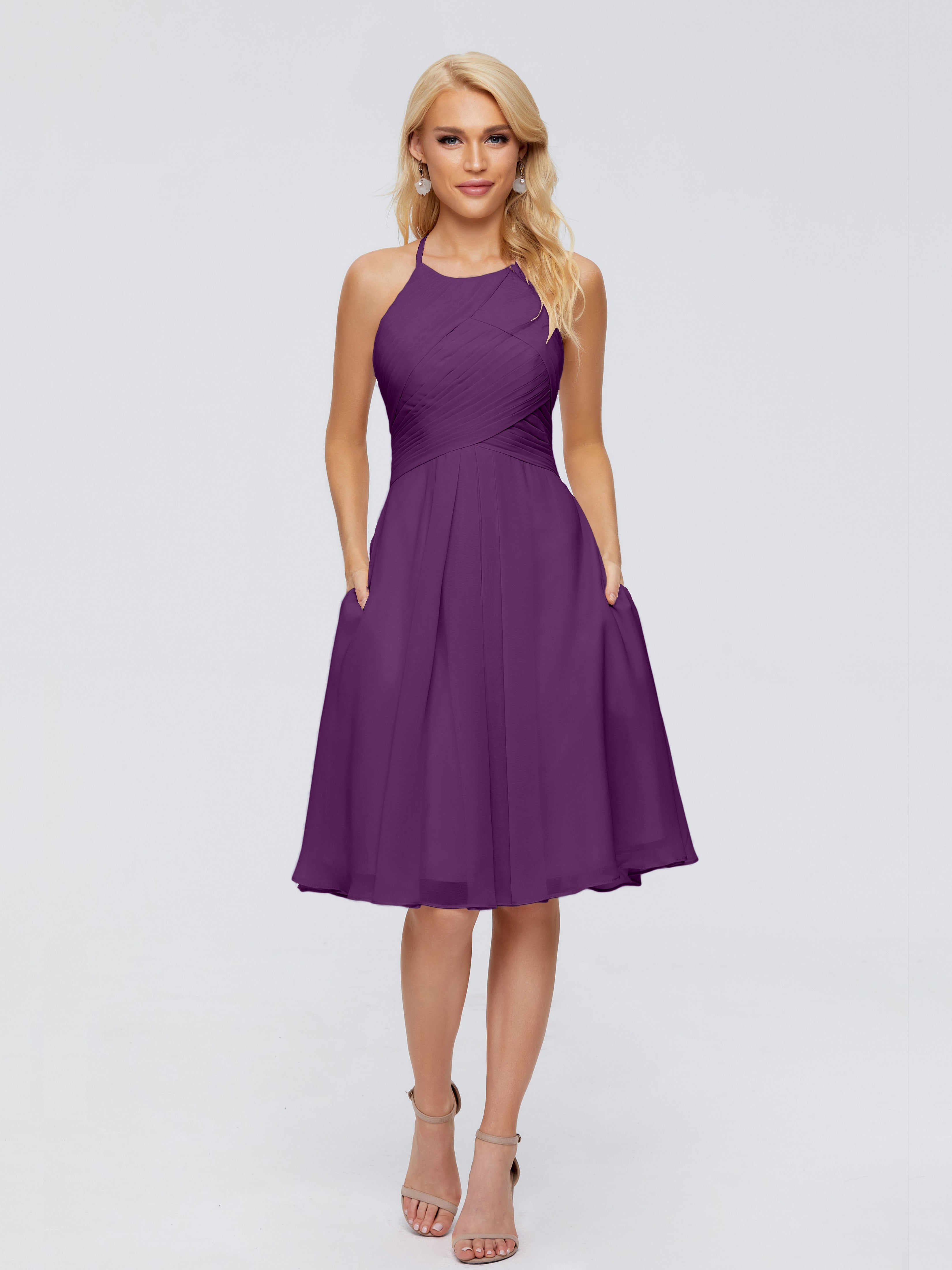 Robes De Demoiselle D'Honneur En Raisin Licou Longueur Genou Robes Demoiselle D'Honneur