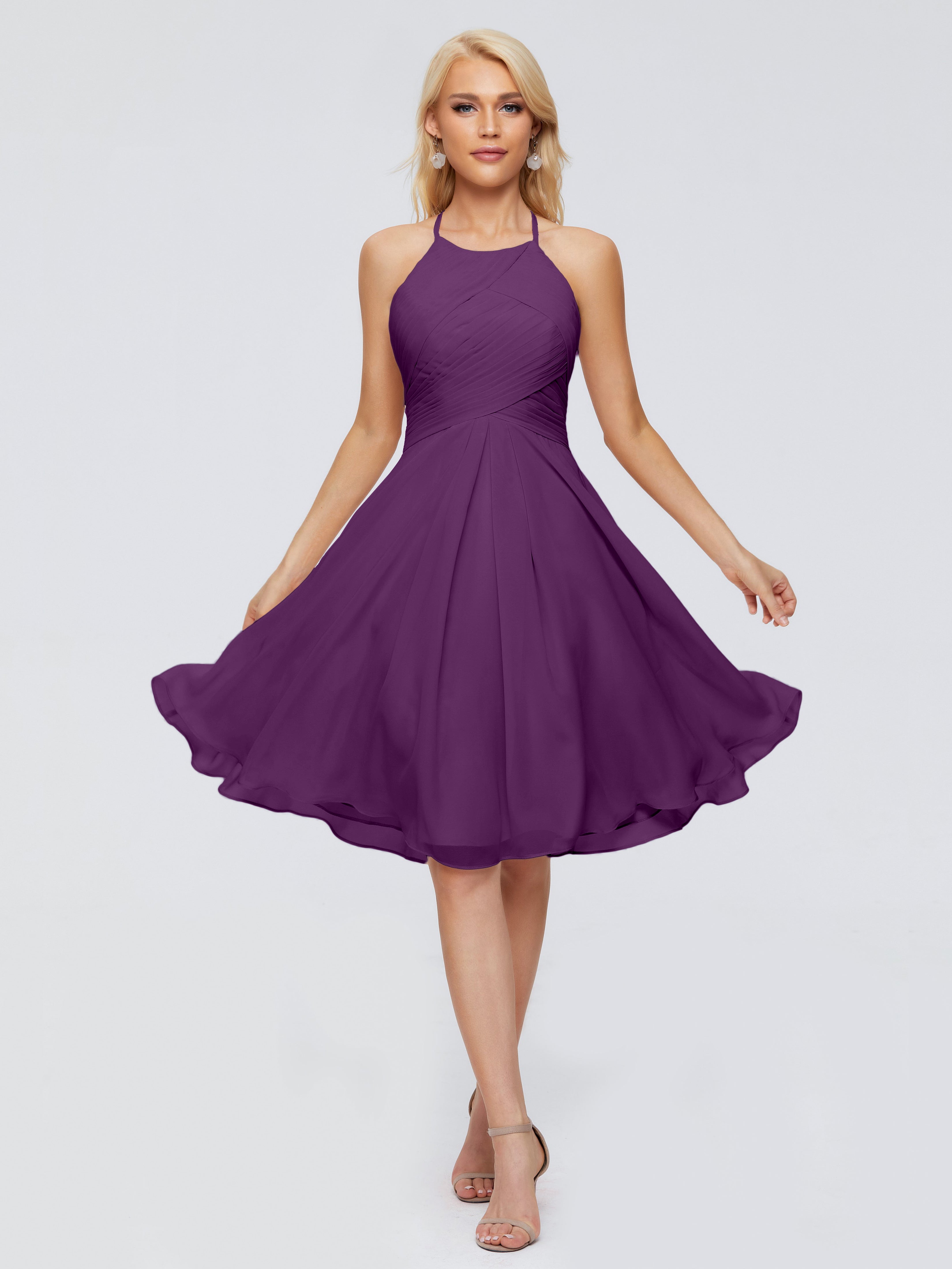 Robes De Demoiselle D'Honneur En Raisin Licou Longueur Genou Robes Demoiselle D'Honneur