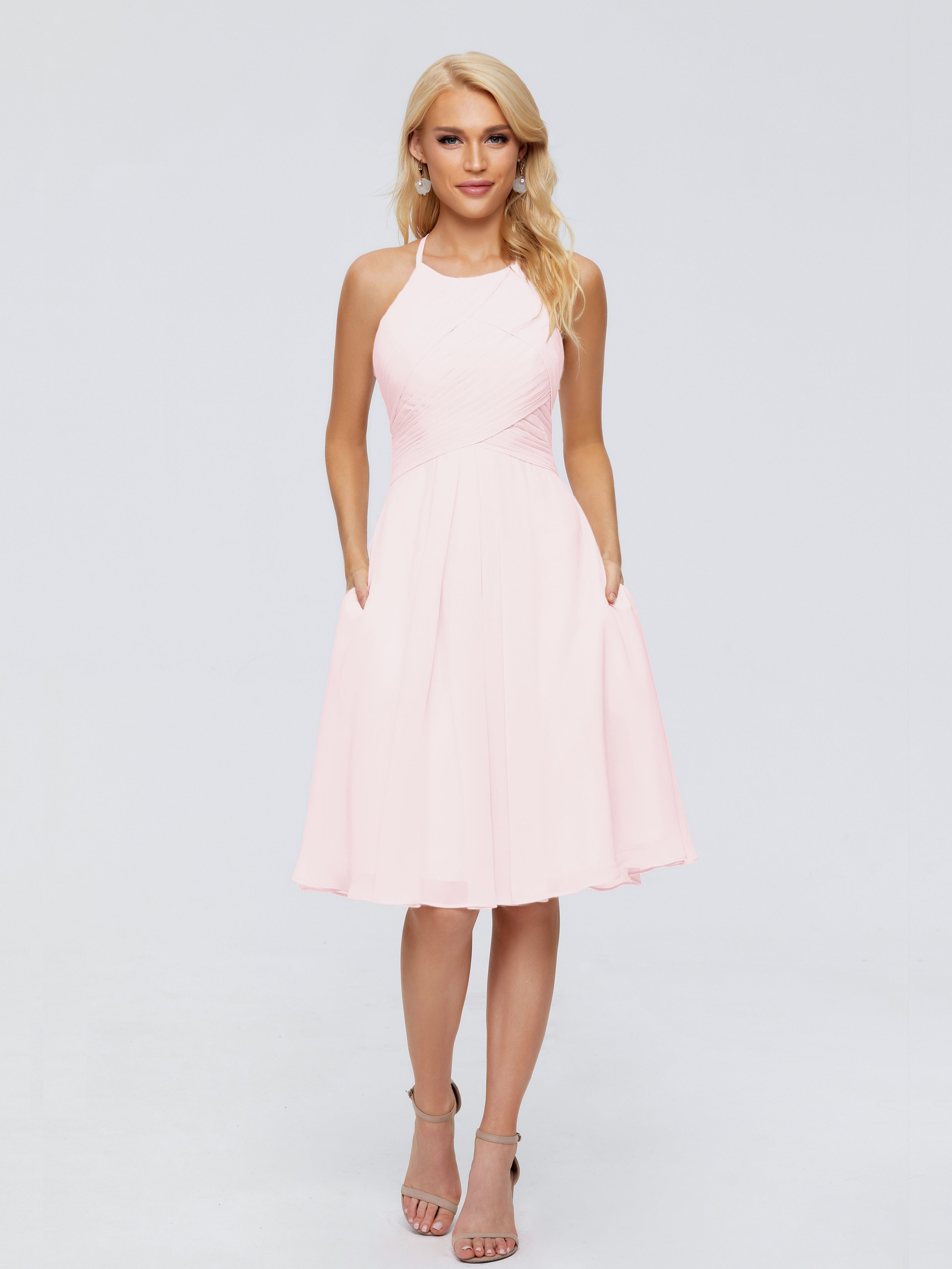 Rose Pale Robe Demoiselle D Honneur Courte Licou Longueur Genou Robes Demoiselle D'Honneur