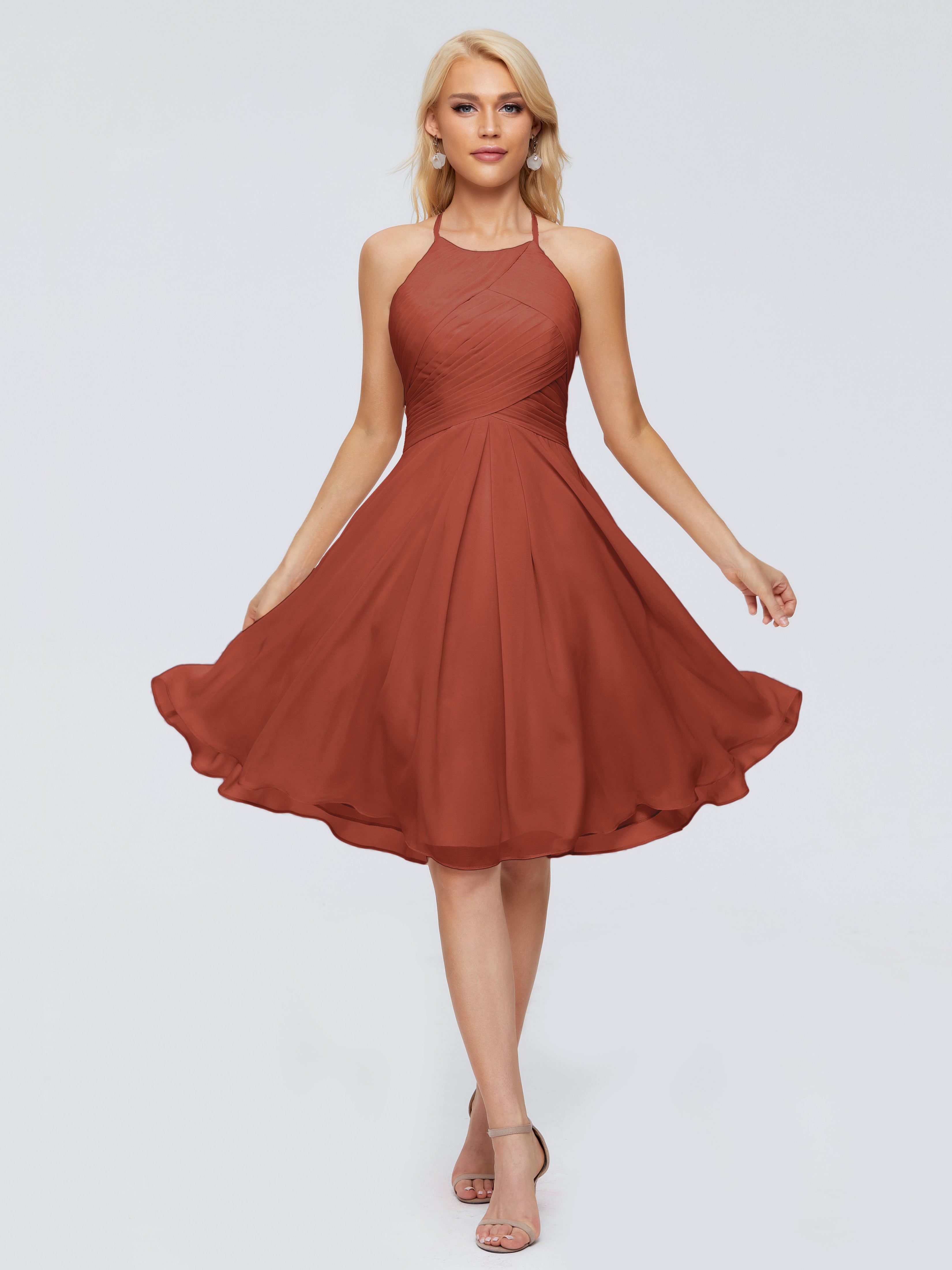 Robes De Demoiselle D'Honneur Couleur Rouille Bon Marché Licou Longueur Genou Robes Demoiselle D'Honneur