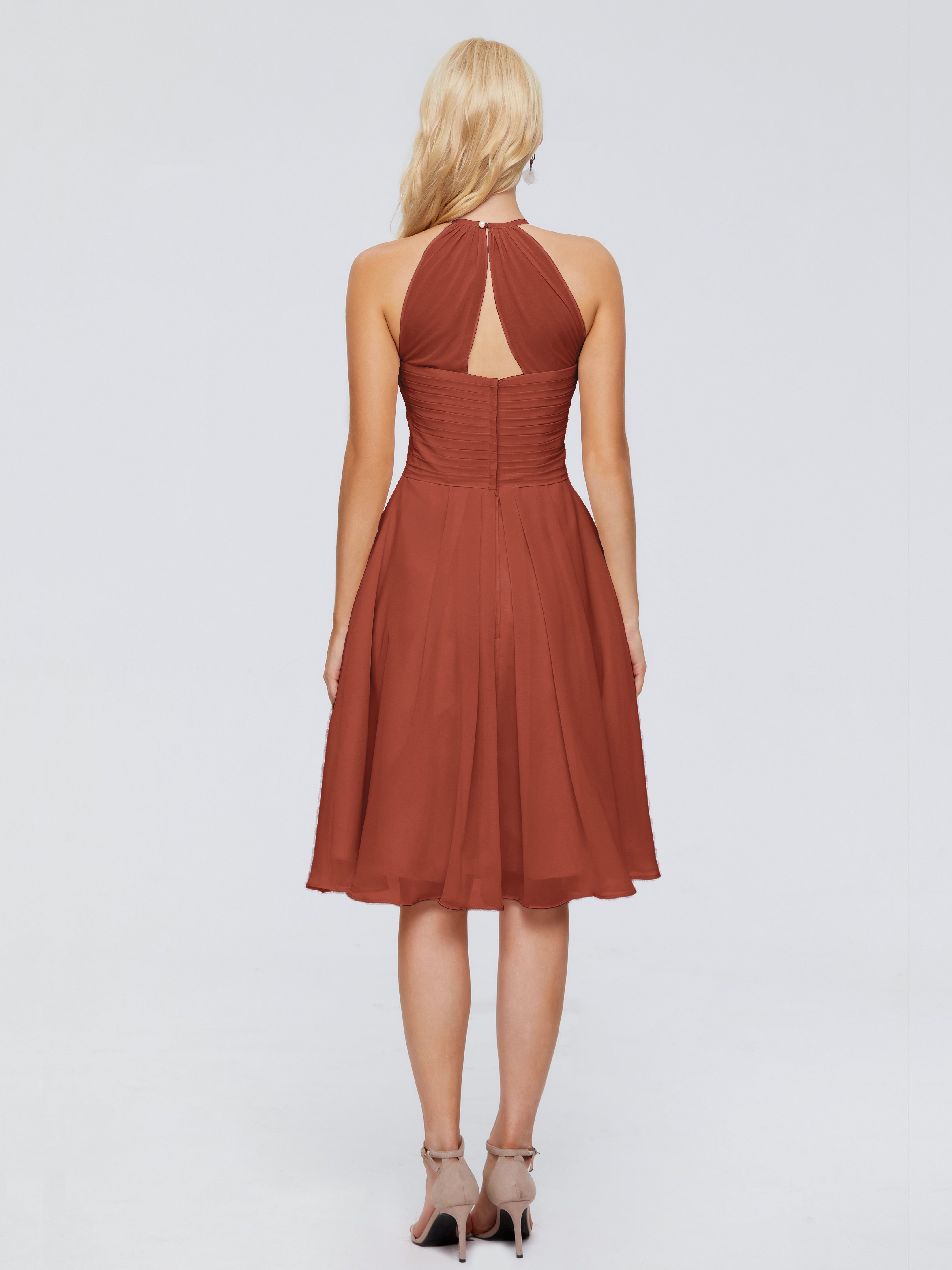 Robes De Demoiselle D'Honneur Couleur Rouille Bon Marché Licou Longueur Genou Robes Demoiselle D'Honneur