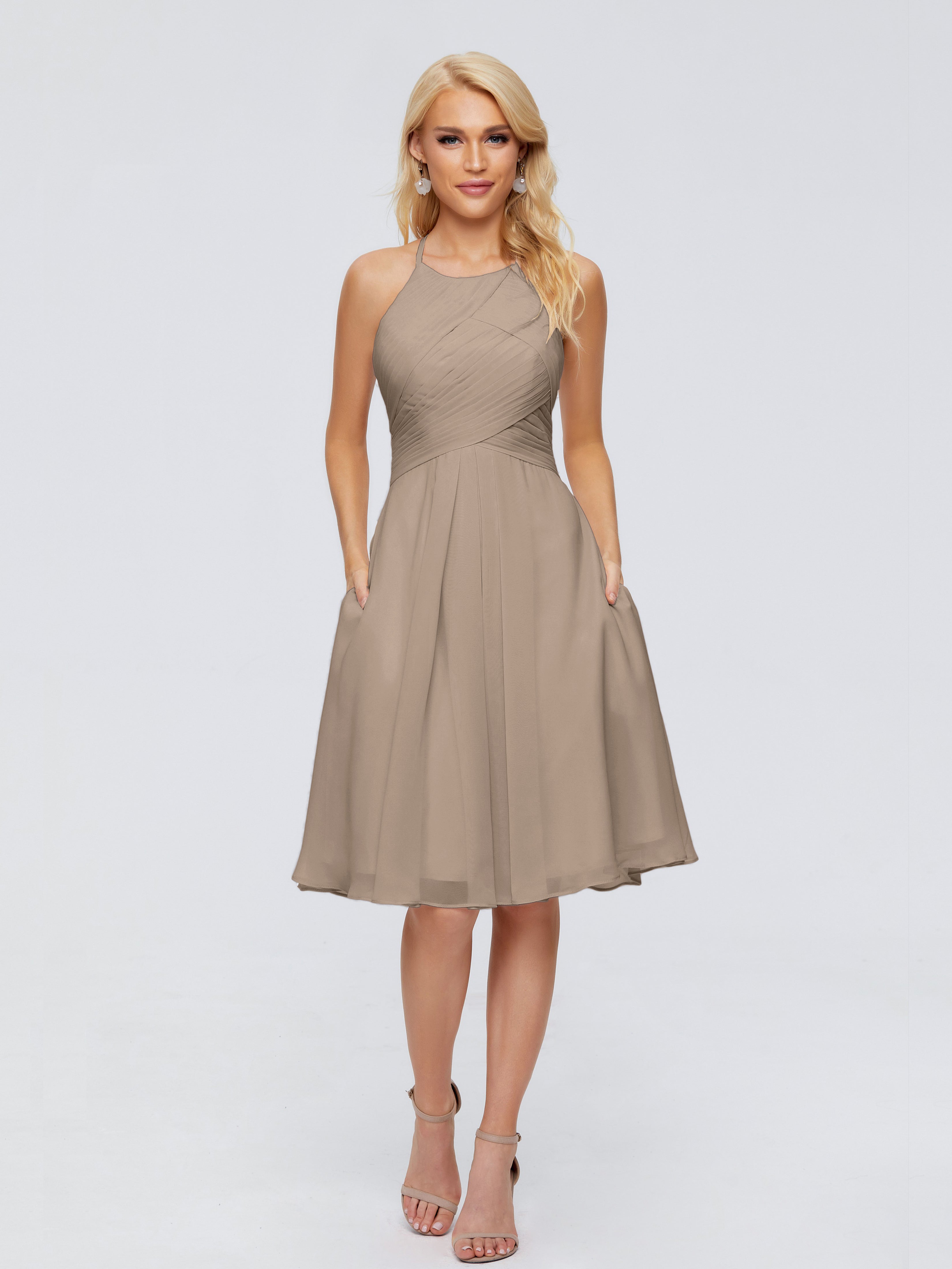 Robe Taupe Demoiselle D Honneur Licou Longueur Genou Robes Demoiselle D'Honneur