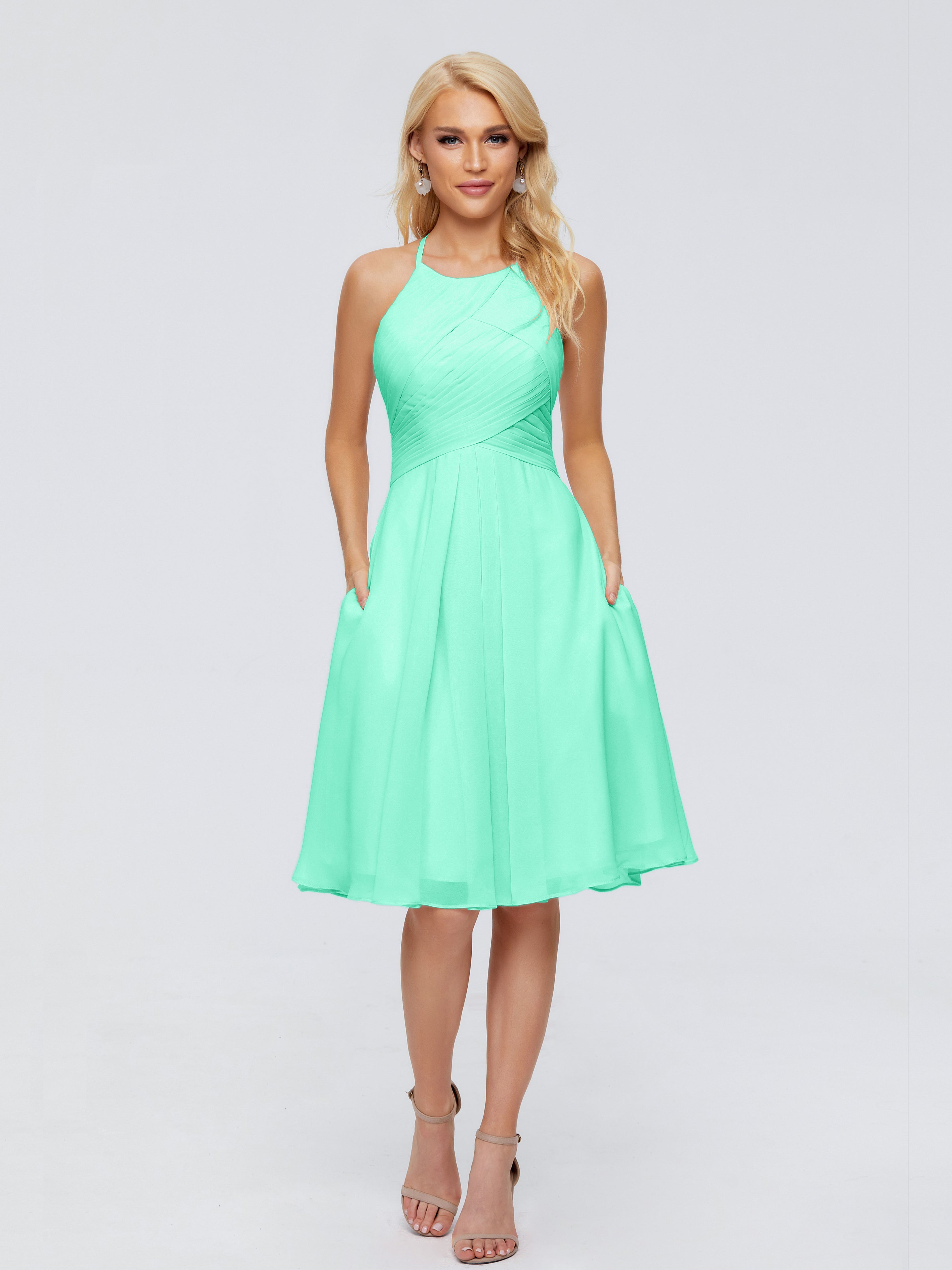 Robe Bleu Turquoise Demoiselle D Honneur Licou Longueur Genou Robes Demoiselle D'Honneur