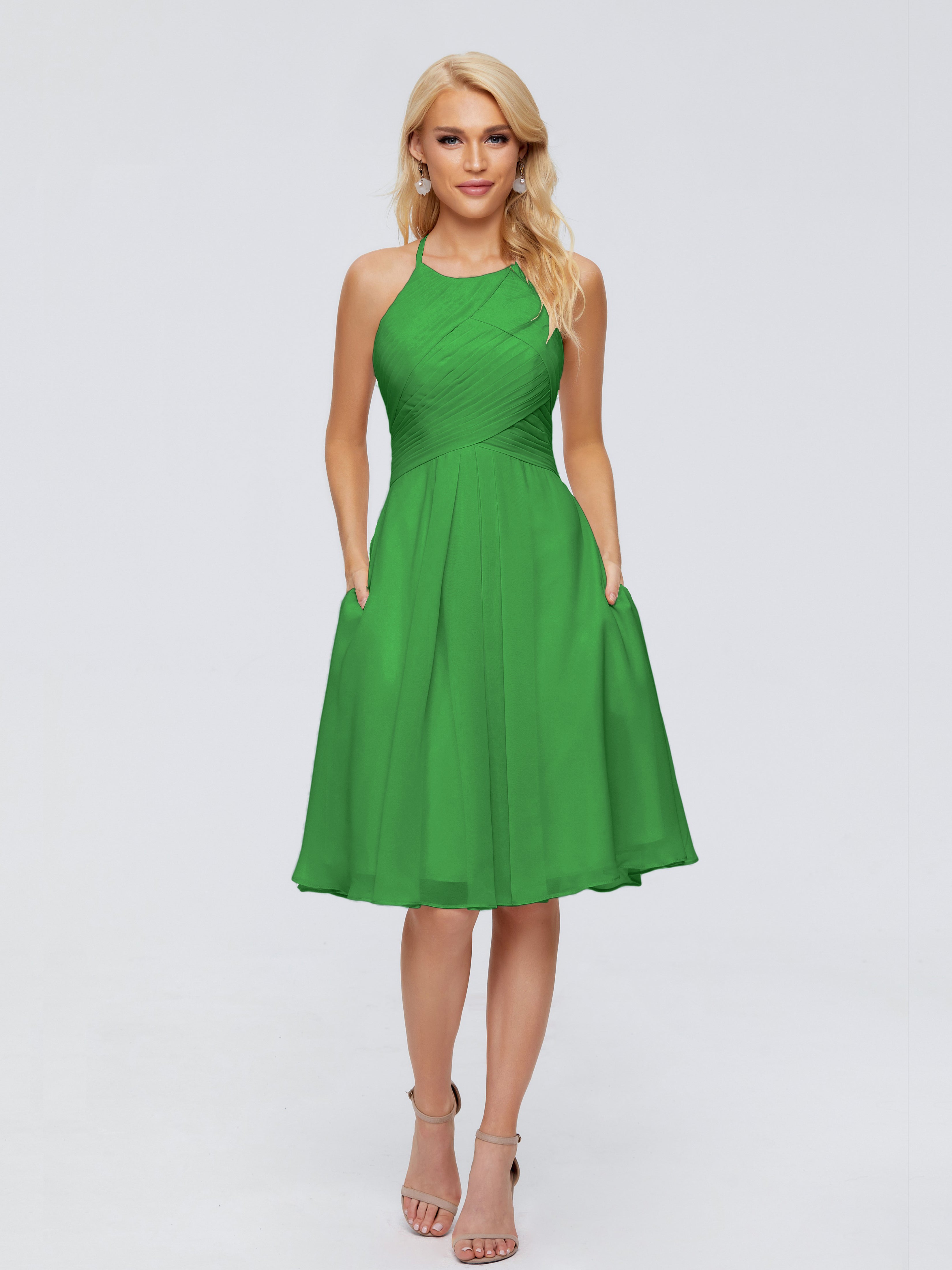Robes De Demoiselle D'Honneur Vert Pin Licou Longueur Genou Robes Demoiselle D'Honneur