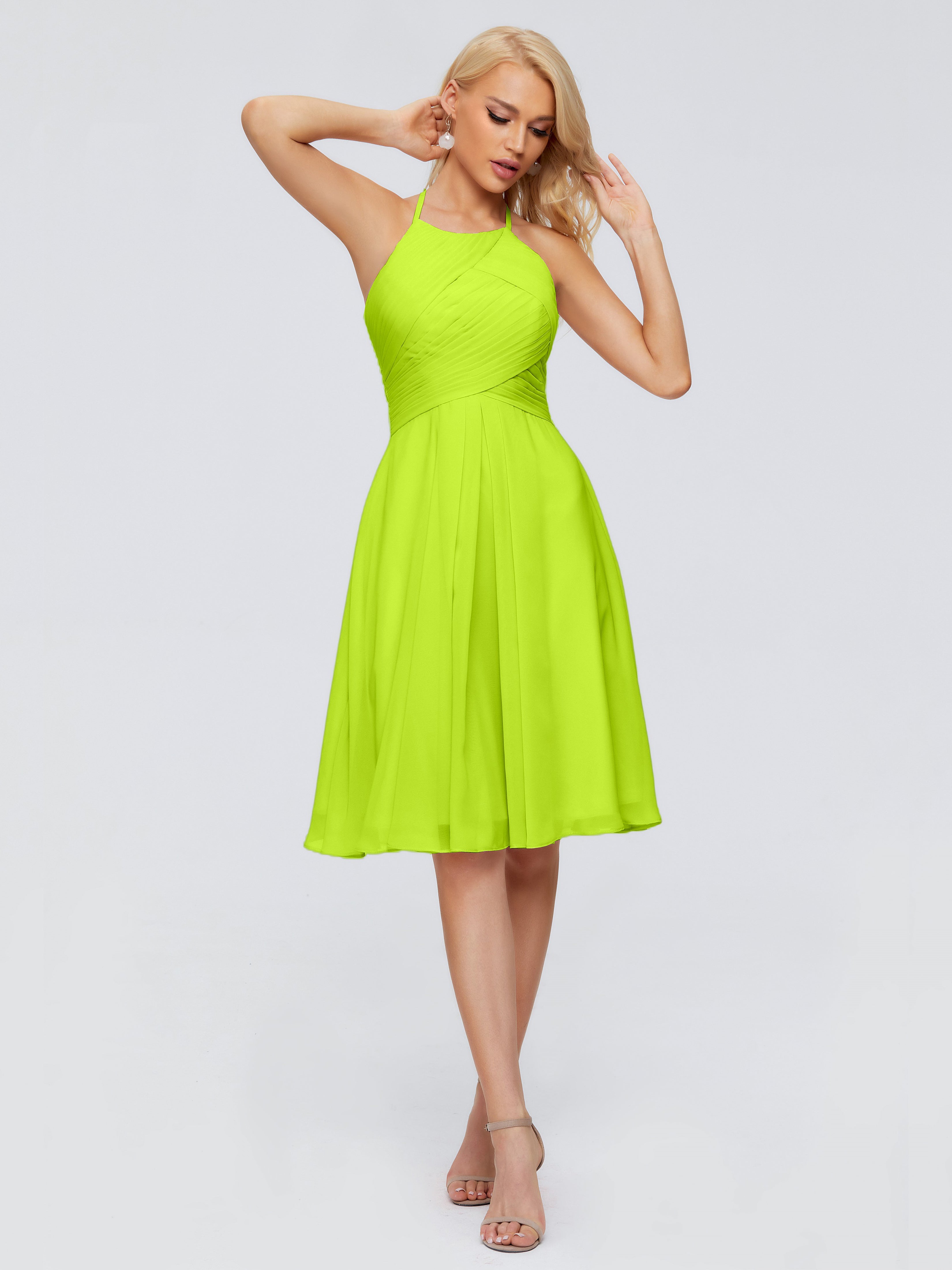 Robes De Demoiselle D'Honneur Vert Citron Licou Longueur Genou Robes Demoiselle D'Honneur