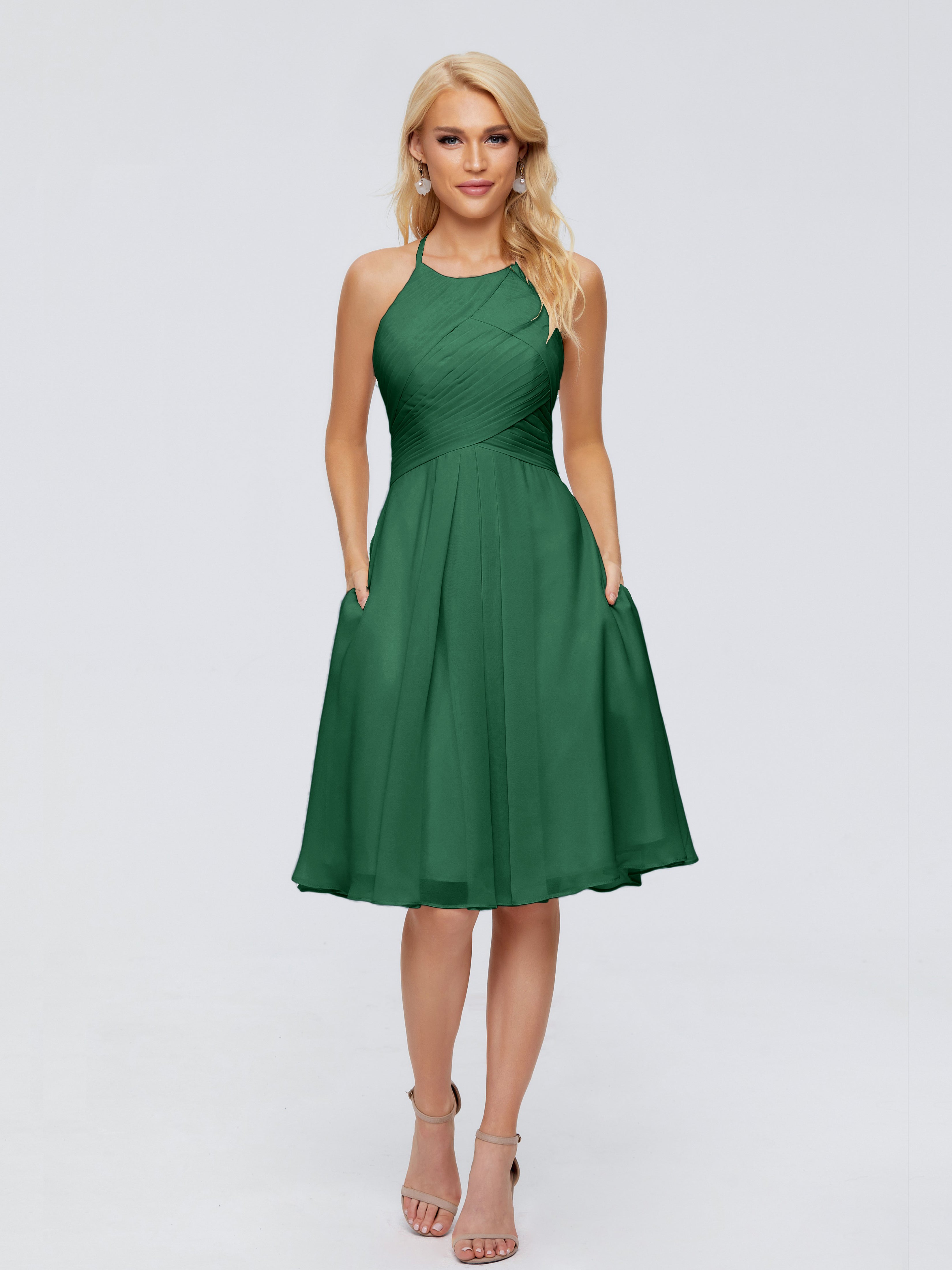 Robes De Demoiselle D'Honneur Vert Foncé Licou Longueur Genou Robes Demoiselle D'Honneur
