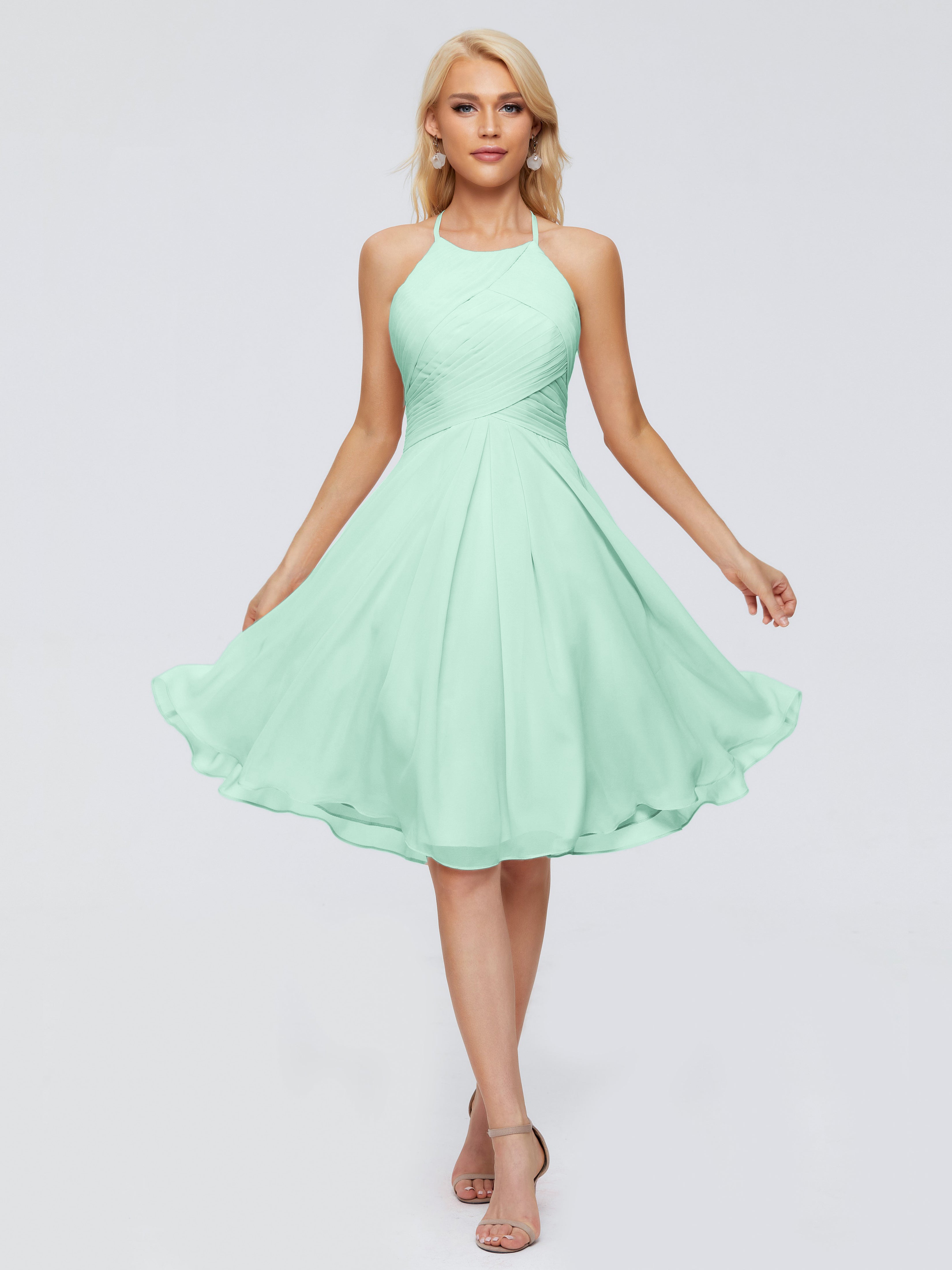 Robes De Demoiselle D'Honneur Vert Menthe Licou Longueur Genou Robes Demoiselle D'Honneur