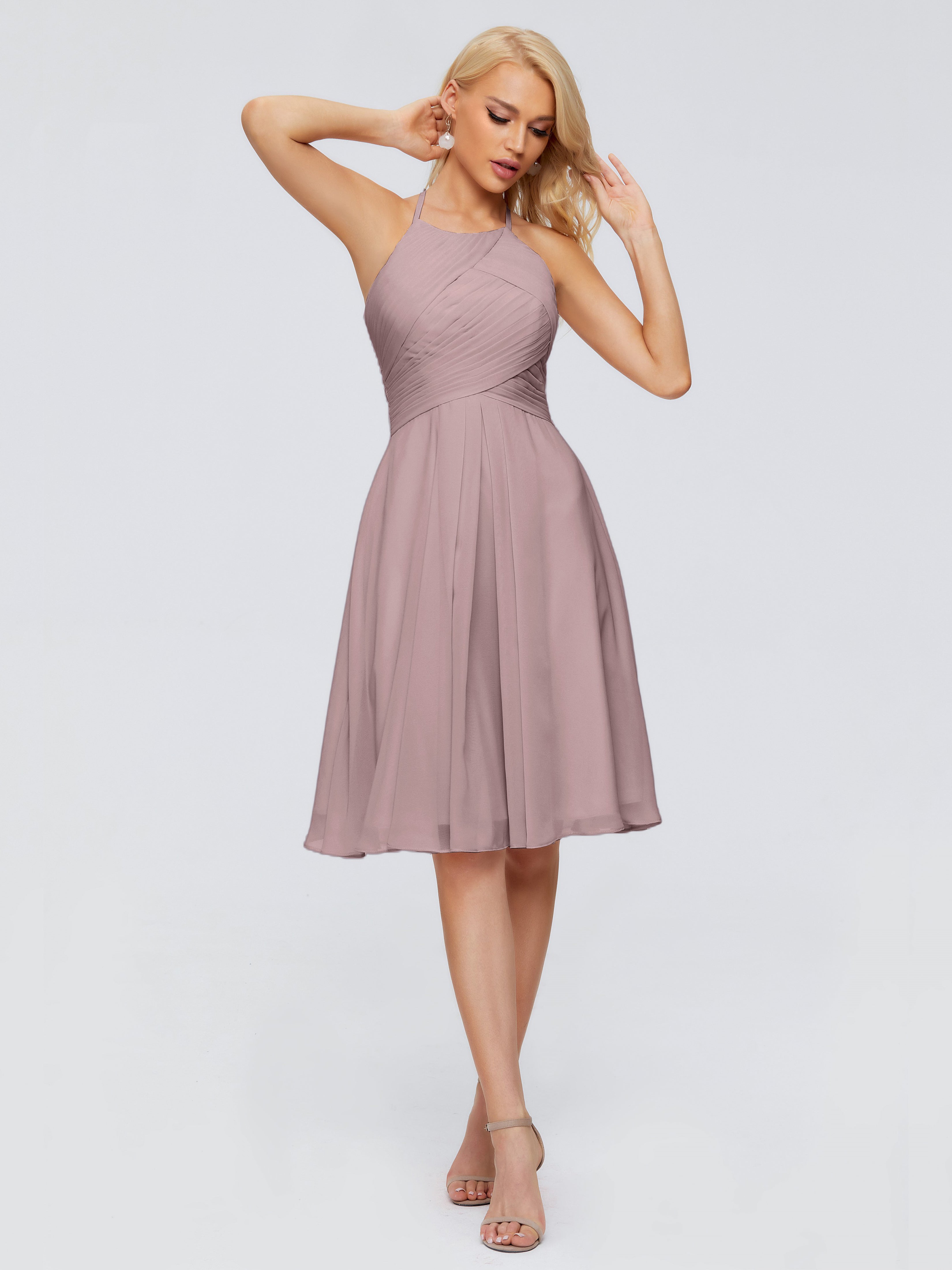 Robes De Demoiselle D'Honneur Vintage Mauve Licou Longueur Genou Robes Demoiselle D'Honneur