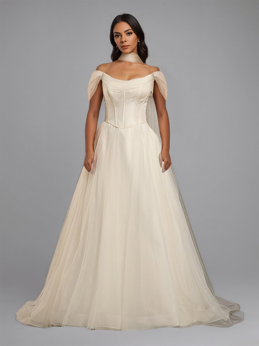 Cicinia Ivoire Robe de Mariée A-Line en Tulle Épaules Dénudées sans Manches Élégante