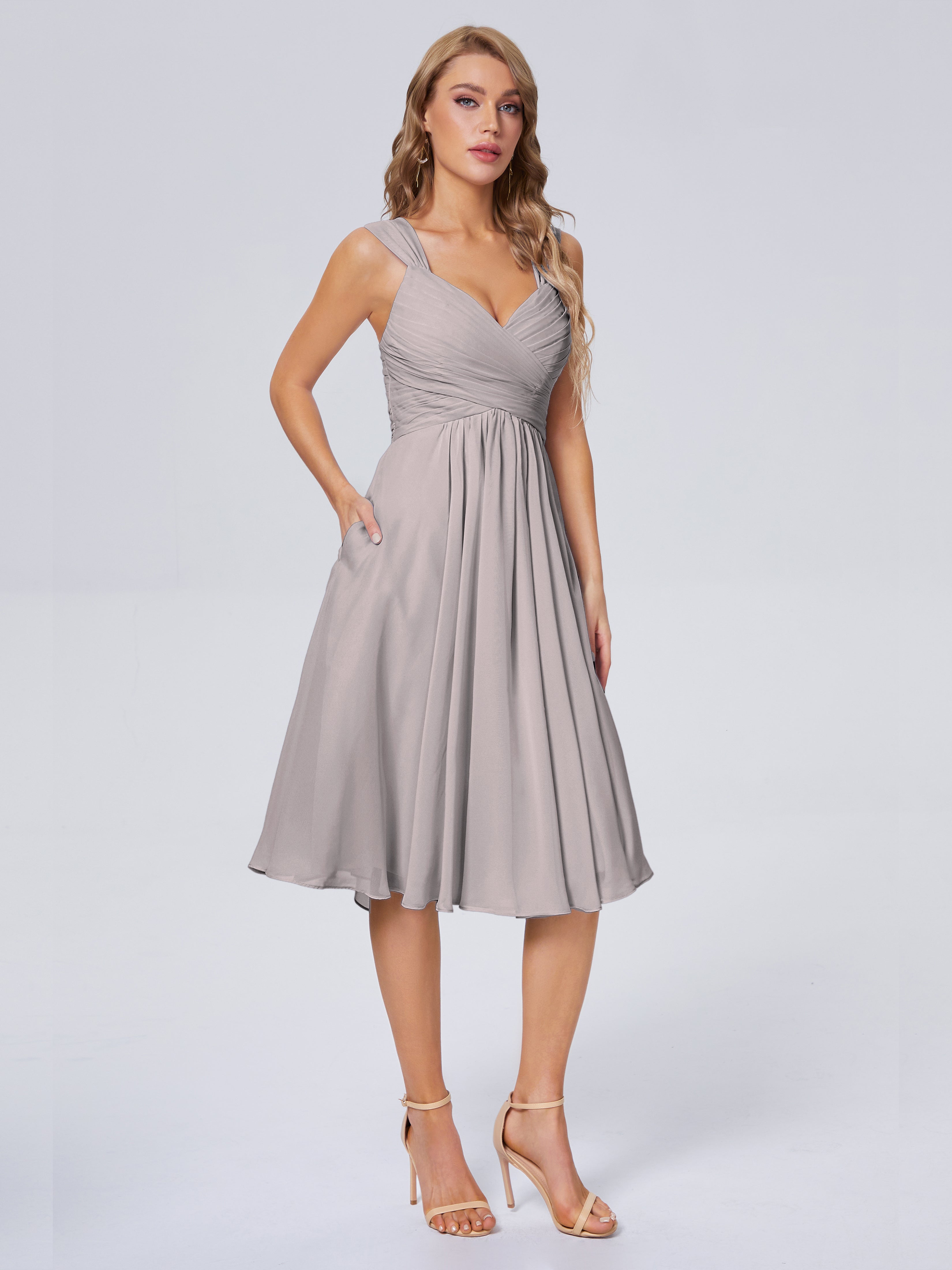 Robe Argentée Demoiselle D Honneur Abordable Bretelles Courtes Mousseline Robes Demoiselle D'Honneur