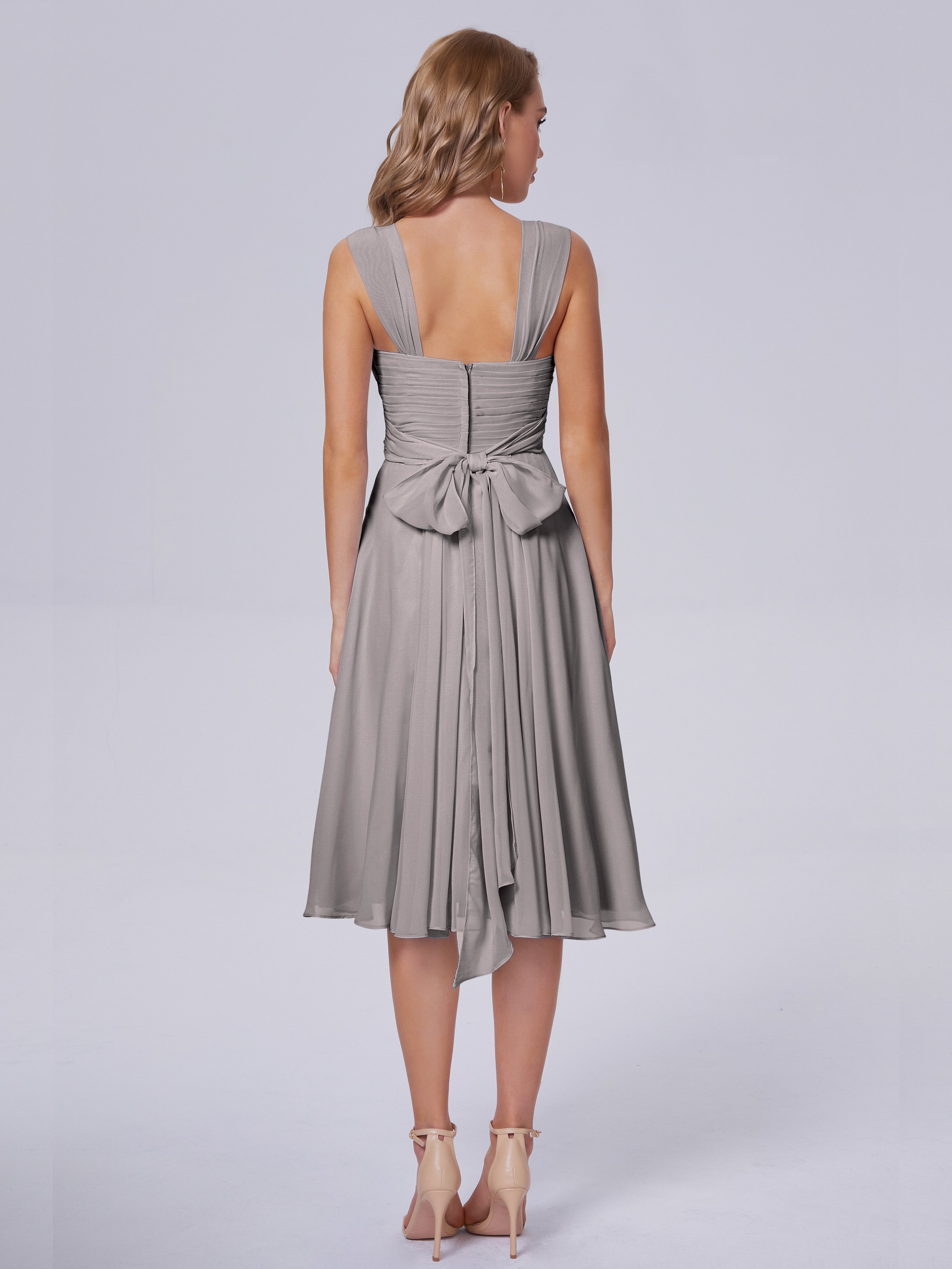 Robe Argentée Demoiselle D Honneur Abordable Bretelles Courtes Mousseline Robes Demoiselle D'Honneur