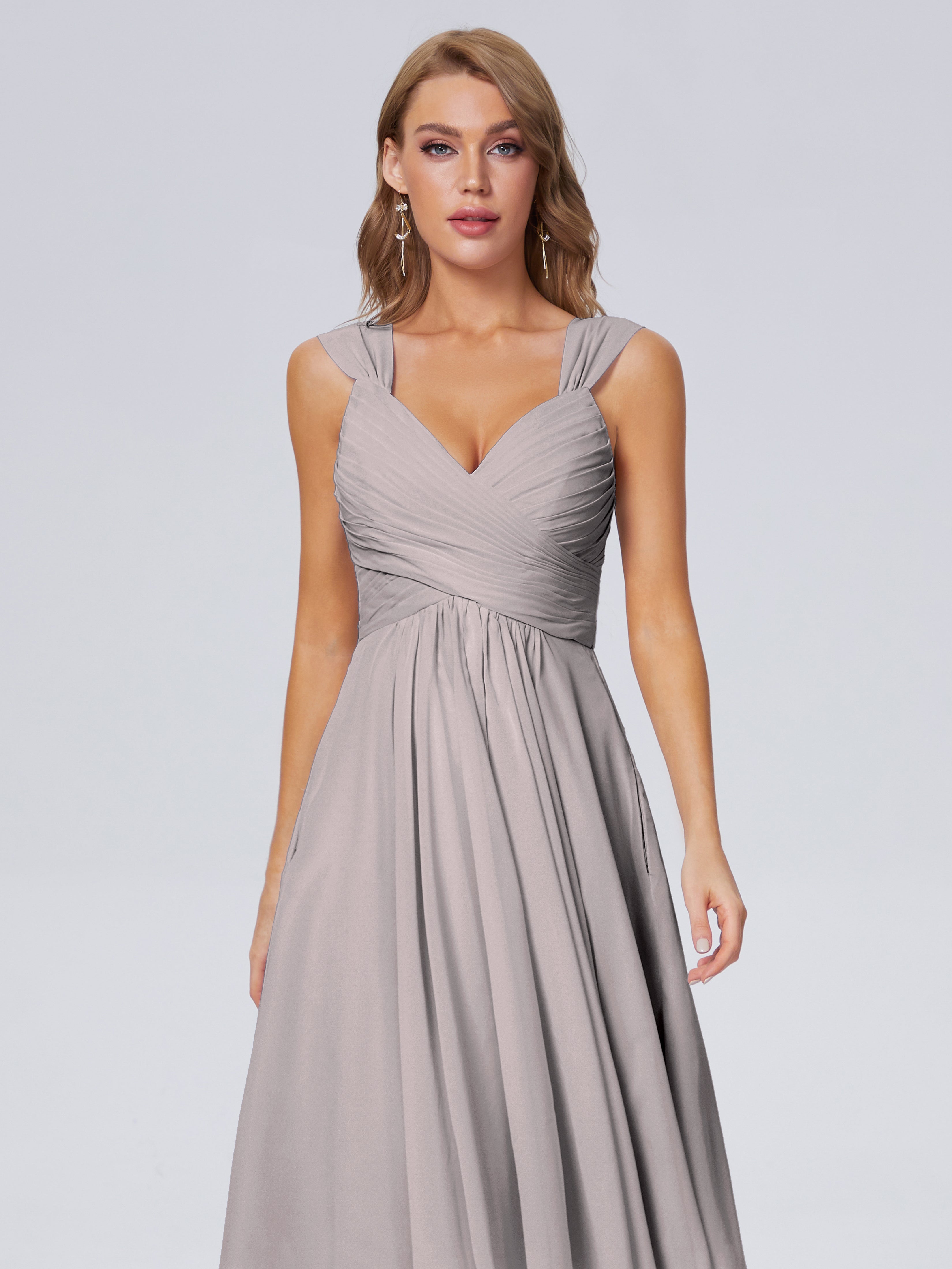 Robe Argentée Demoiselle D Honneur Abordable Bretelles Courtes Mousseline Robes Demoiselle D'Honneur
