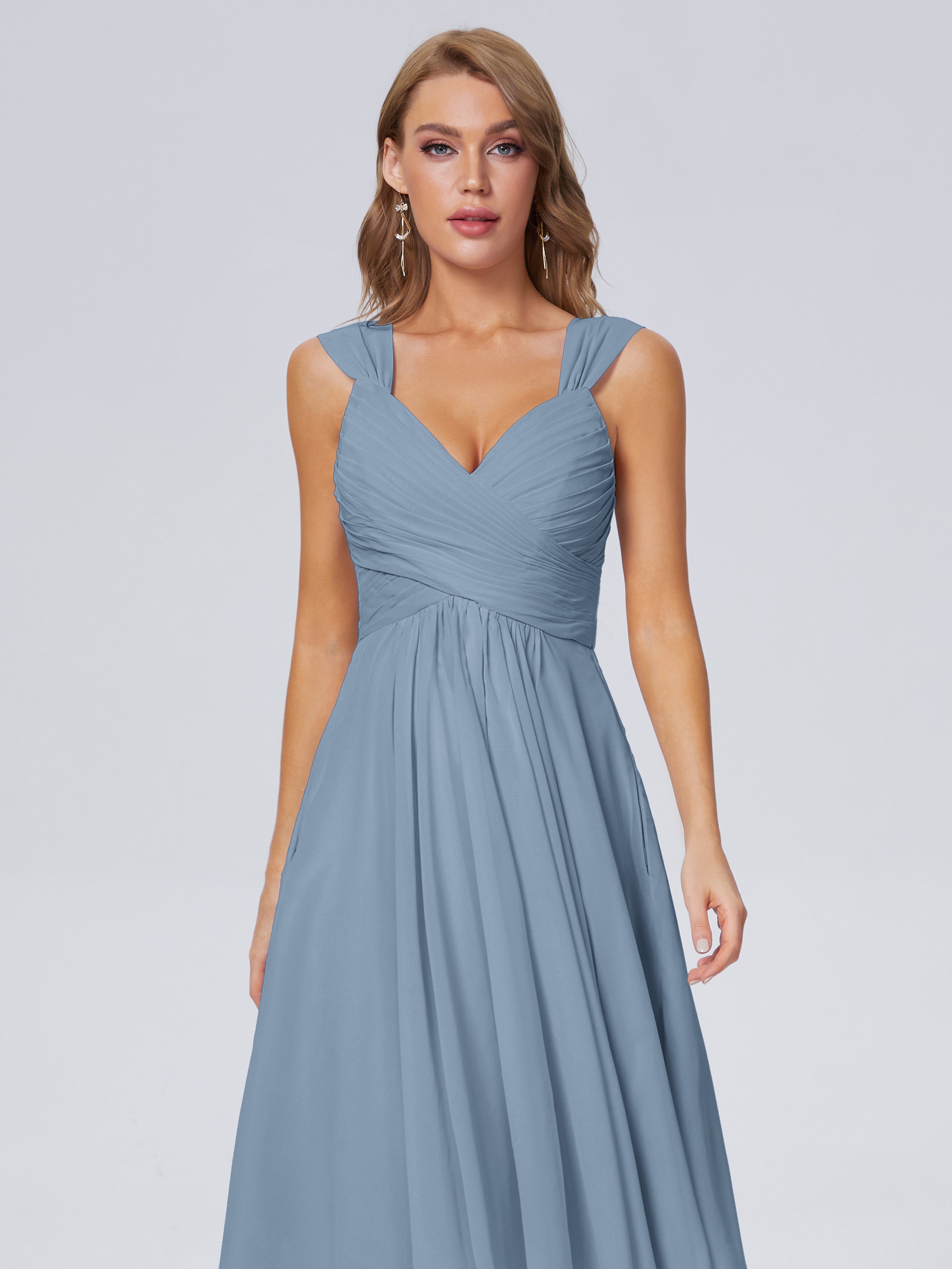 Robes De Demoiselle D'Honneur Bleu De Schiste Abordable Bretelles Courtes Mousseline Robes Demoiselle D'Honneur