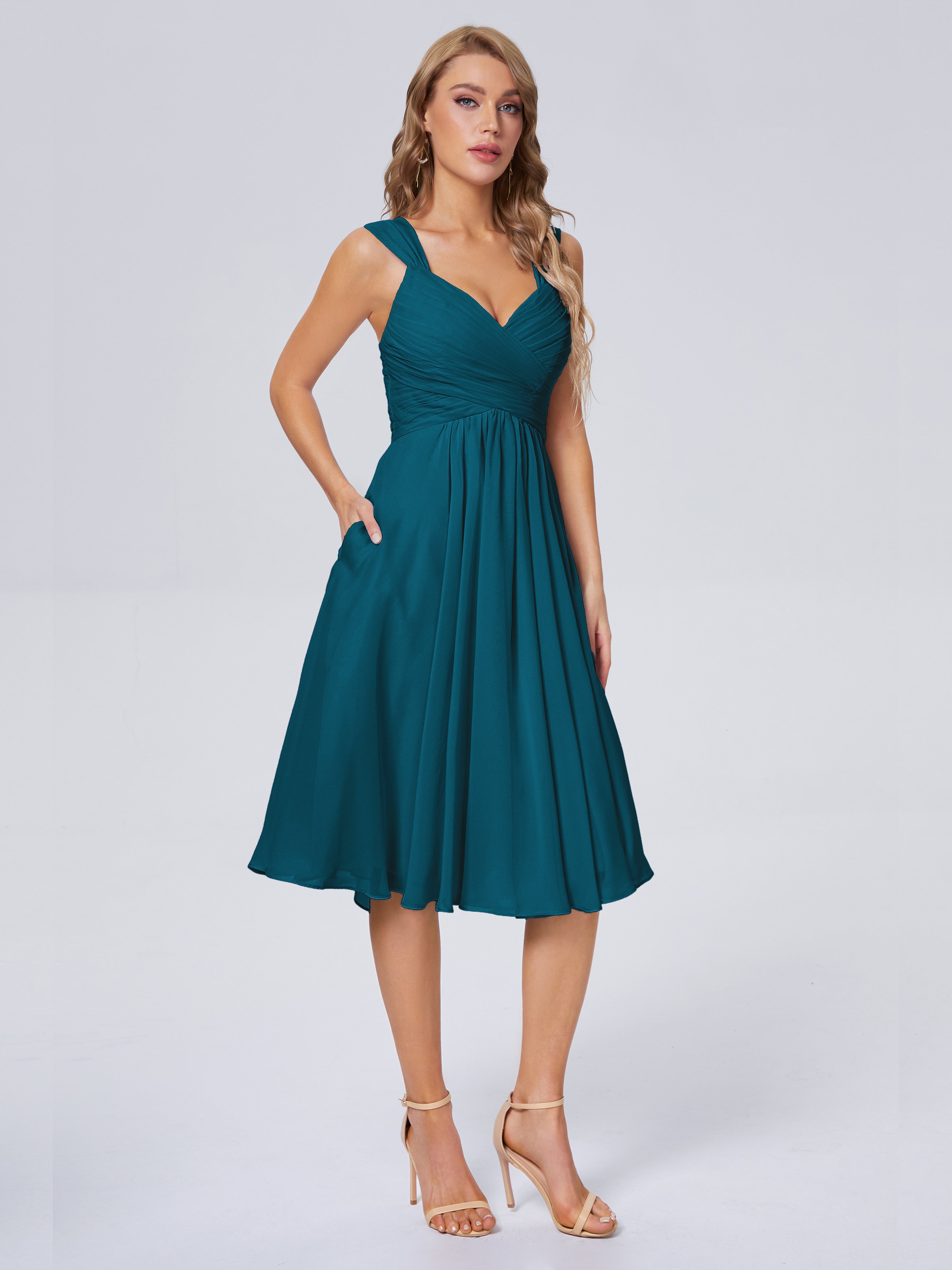 Robe De Demoiselle D'Honneur Bleu Encre Abordable Bretelles Courtes Mousseline Robes Demoiselle D'Honneur