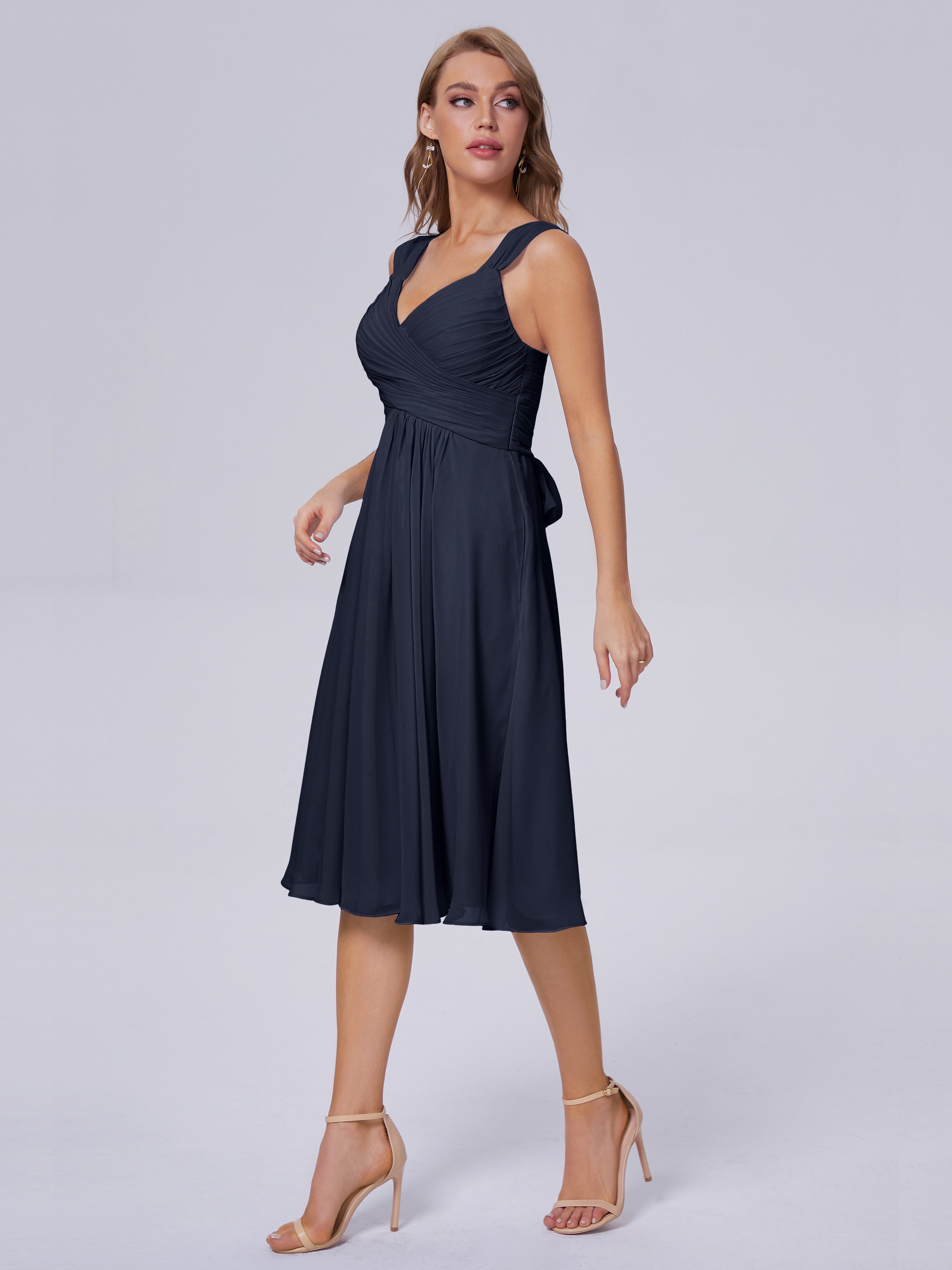 Robe Demoiselle D Honneur Bleu Marine Abordable Bretelles Courtes Mousseline Robes Demoiselle D'Honneur