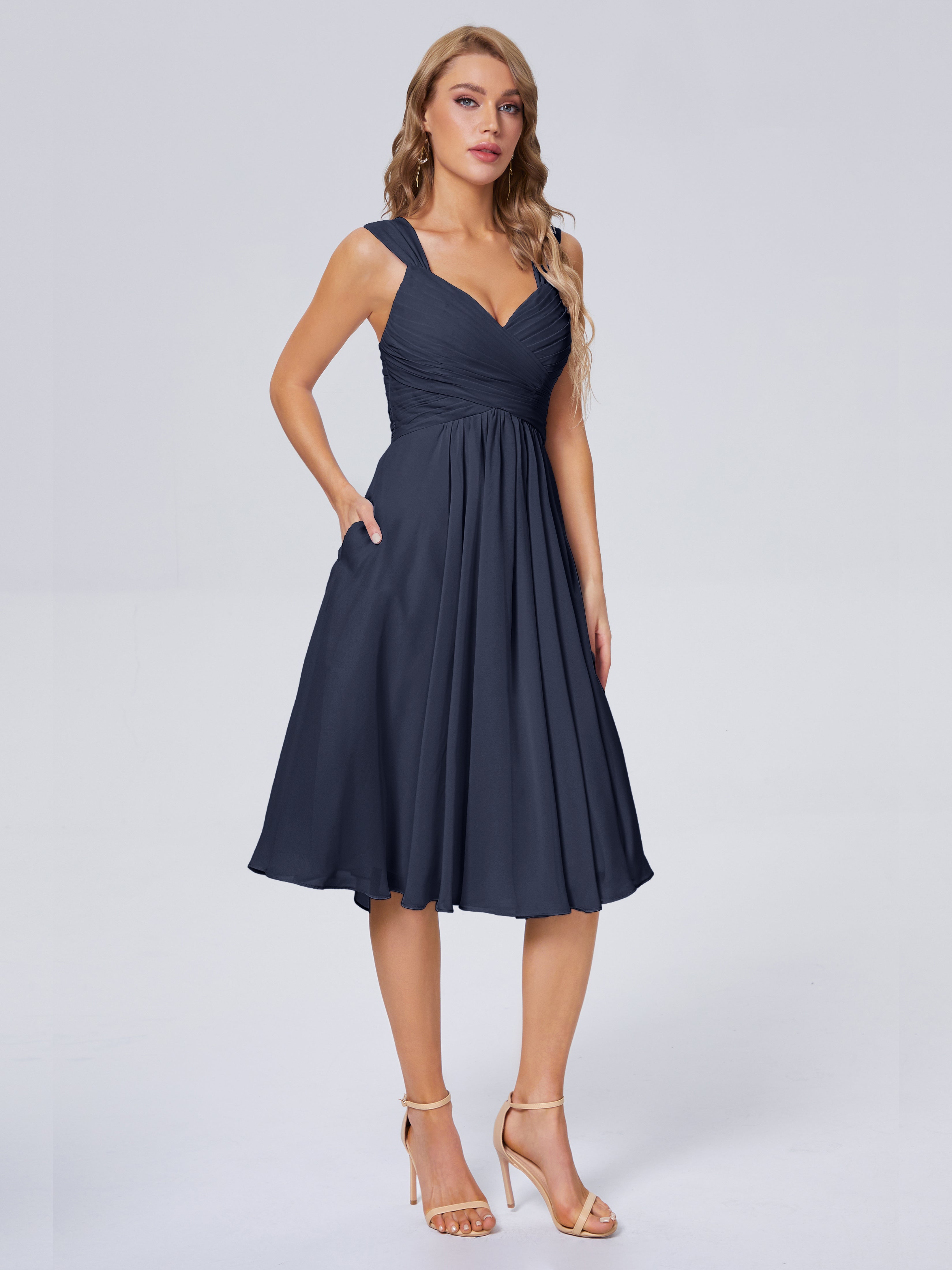 Robe Demoiselle D Honneur Bleu Marine Abordable Bretelles Courtes Mousseline Robes Demoiselle D'Honneur