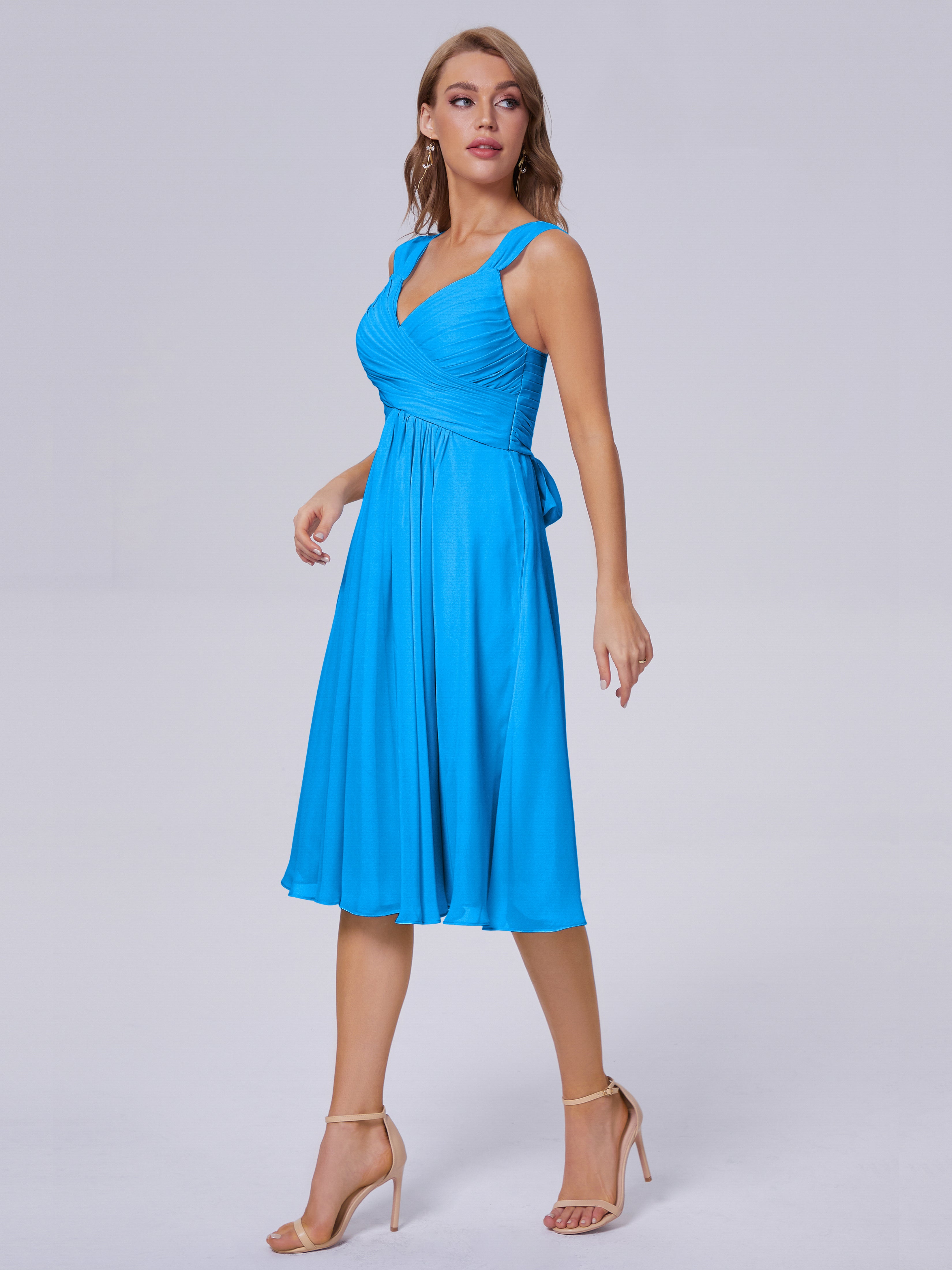Robes De Demoiselle D'Honneur Bleu Océan Abordable Bretelles Courtes Mousseline Robes Demoiselle D'Honneur