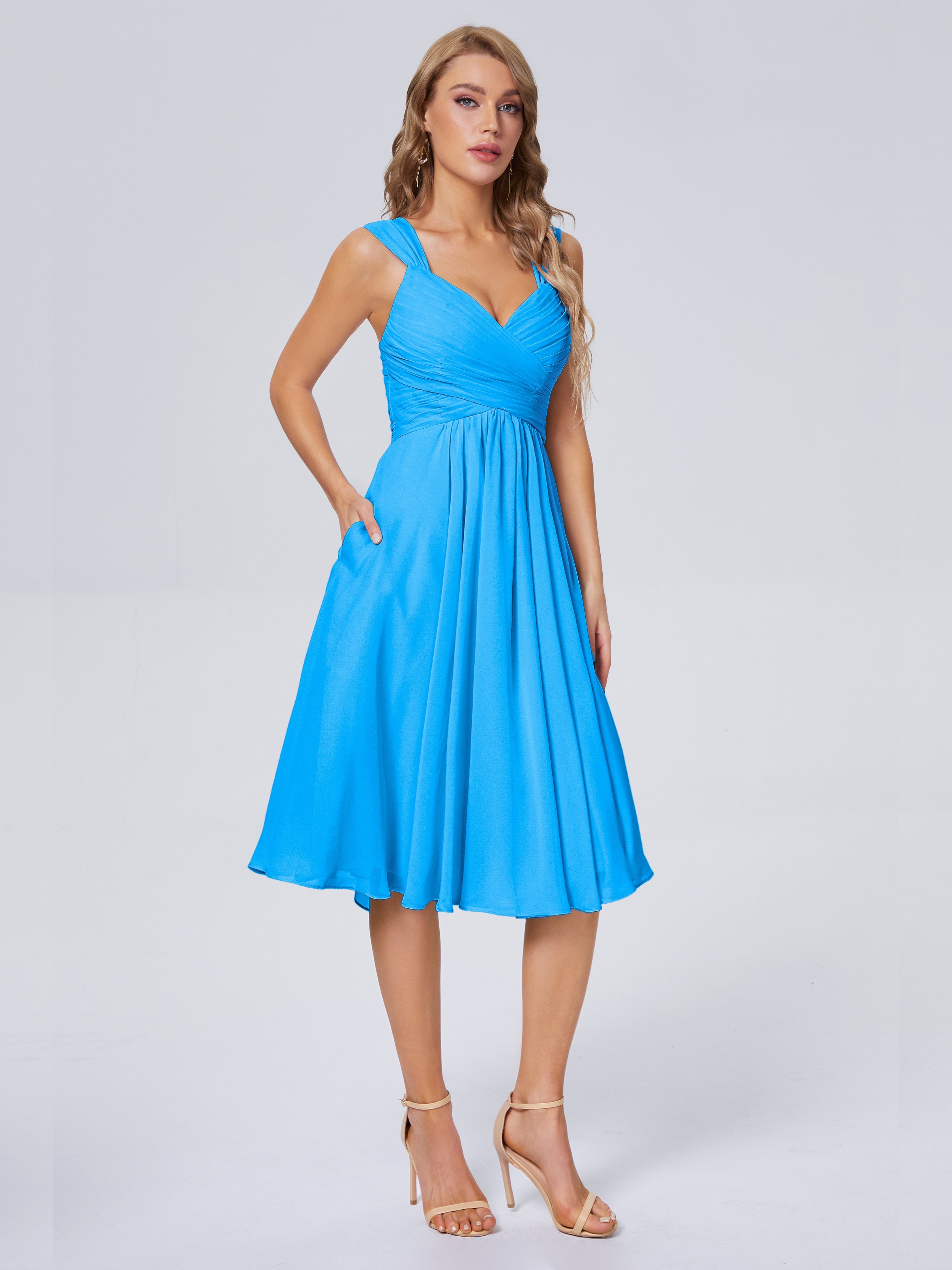 Robes De Demoiselle D'Honneur Bleu Océan Abordable Bretelles Courtes Mousseline Robes Demoiselle D'Honneur