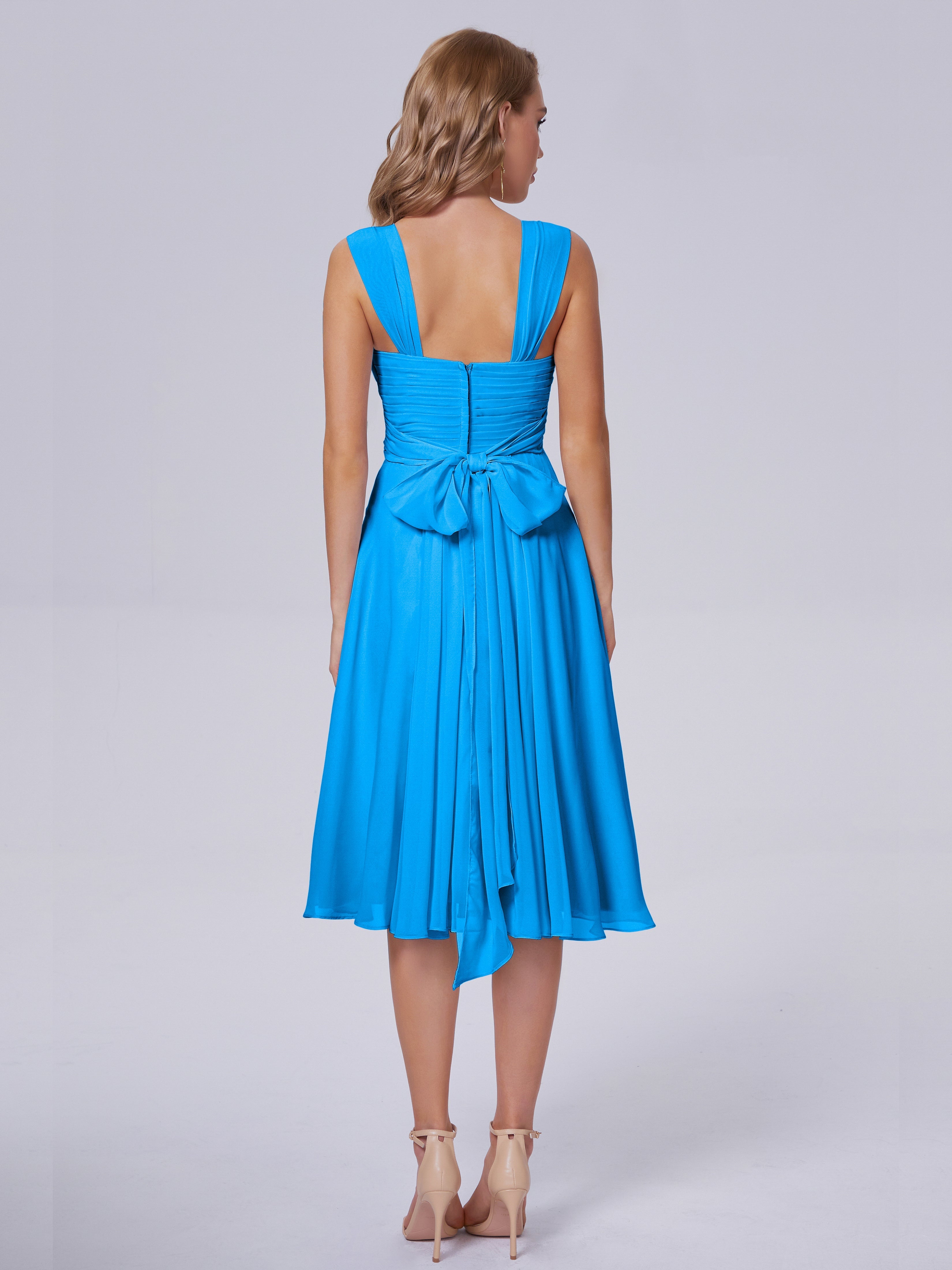 Robes De Demoiselle D'Honneur Bleu Océan Abordable Bretelles Courtes Mousseline Robes Demoiselle D'Honneur