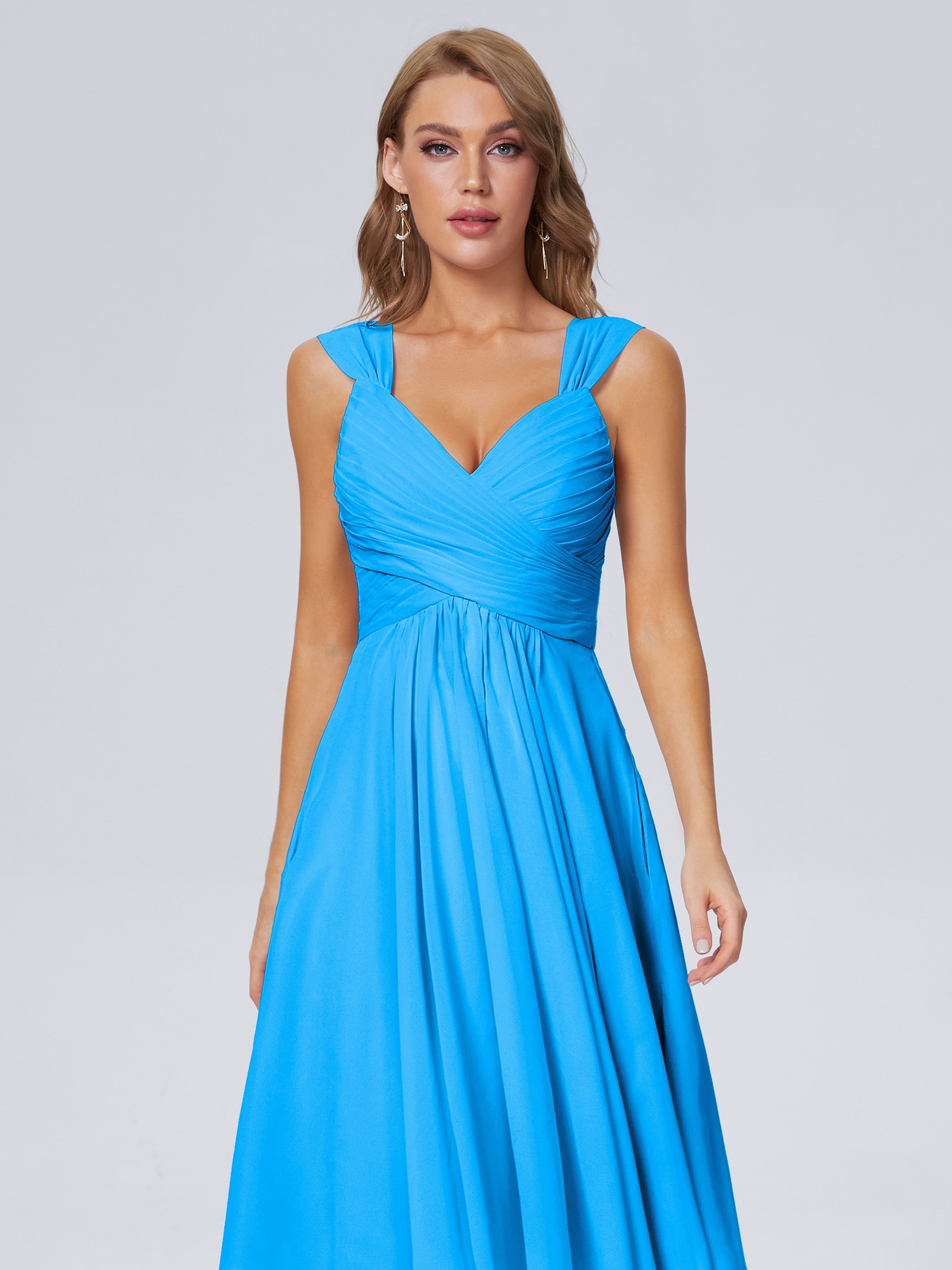 Robes De Demoiselle D'Honneur Bleu Océan Abordable Bretelles Courtes Mousseline Robes Demoiselle D'Honneur