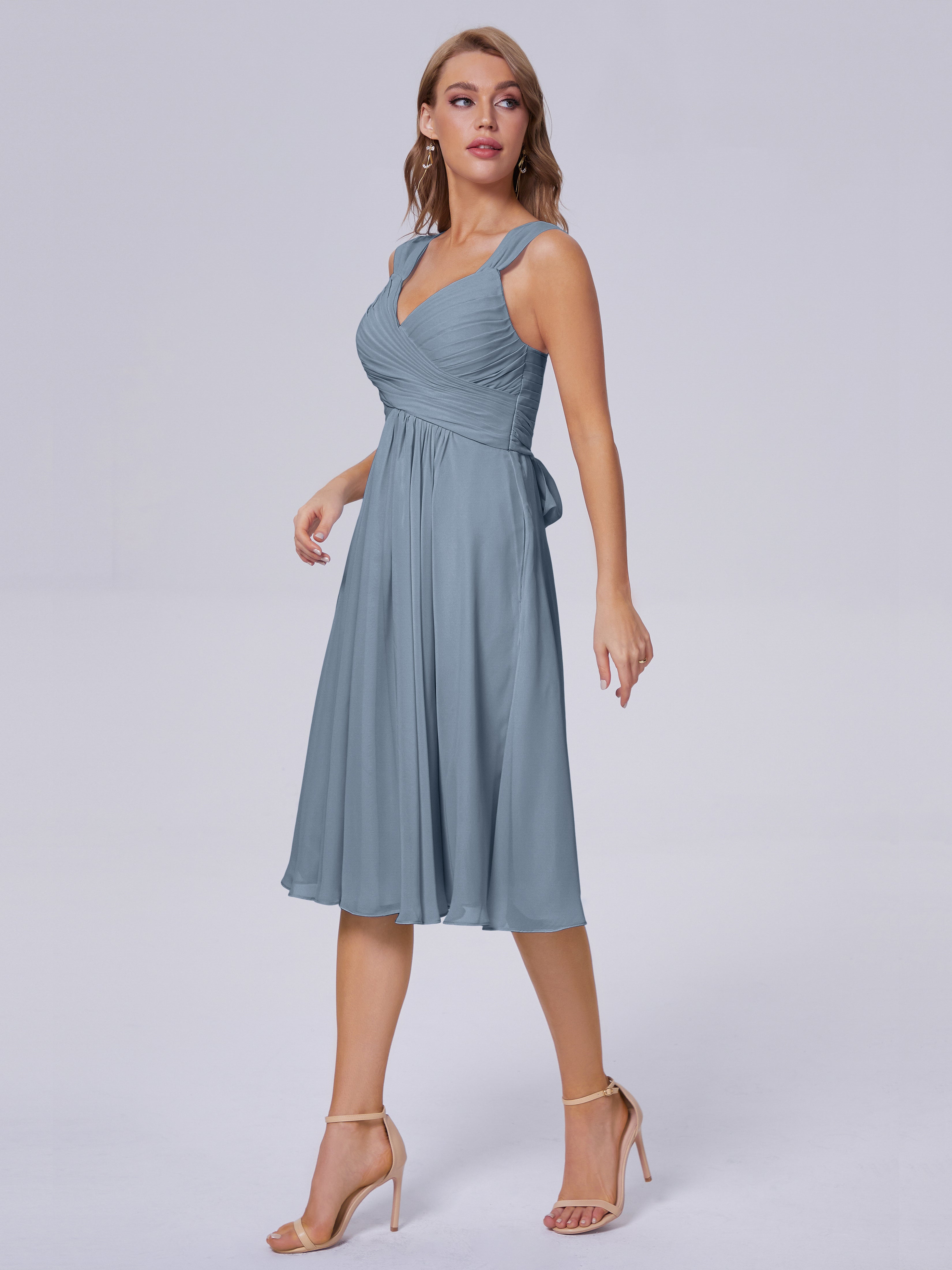 Robes De Demoiselle D'Honneur Bleu Poussiéreux Abordable Bretelles Courtes Mousseline Robes Demoiselle D'Honneur