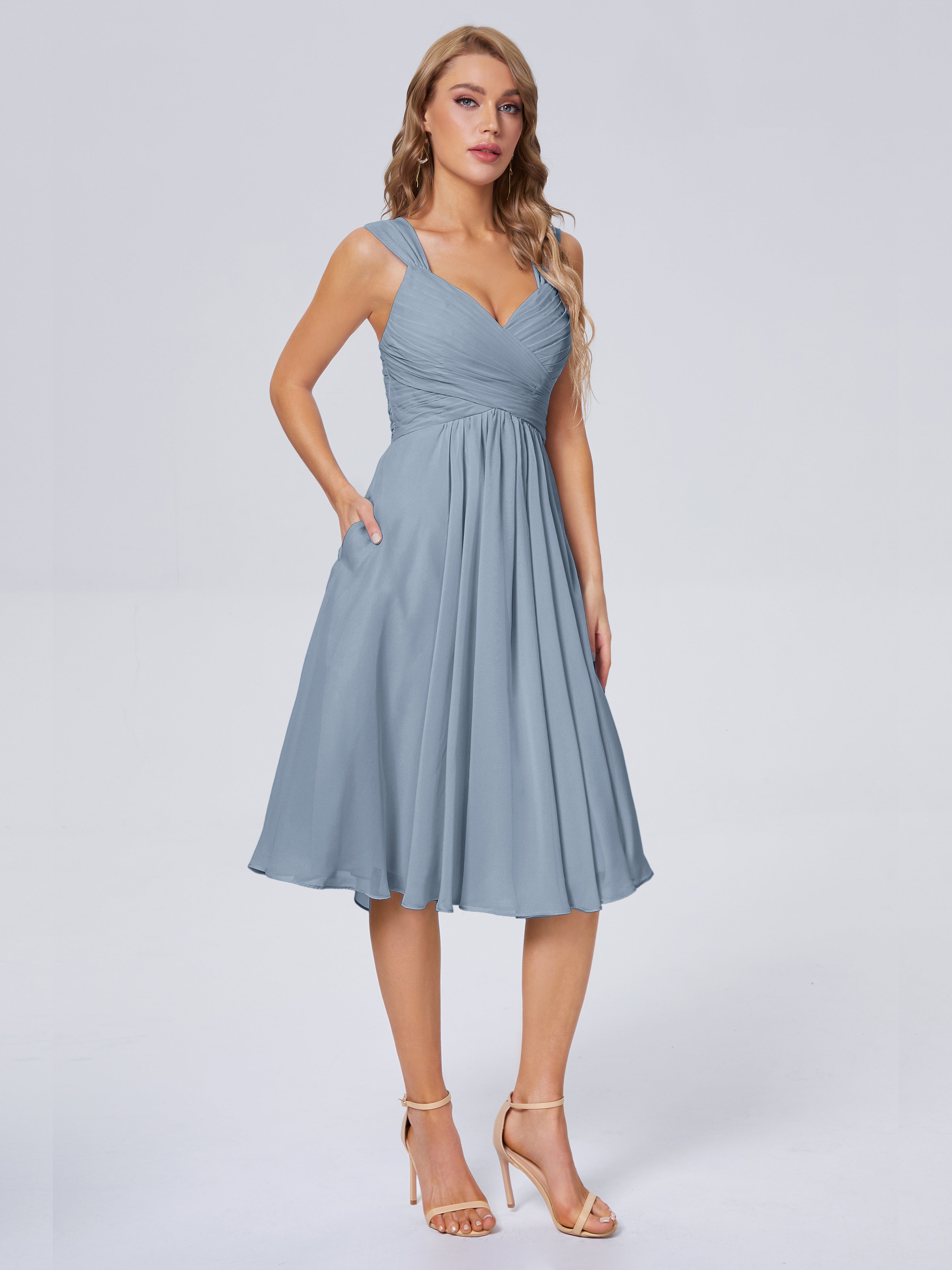 Robes De Demoiselle D'Honneur Bleu Poussiéreux Abordable Bretelles Courtes Mousseline Robes Demoiselle D'Honneur