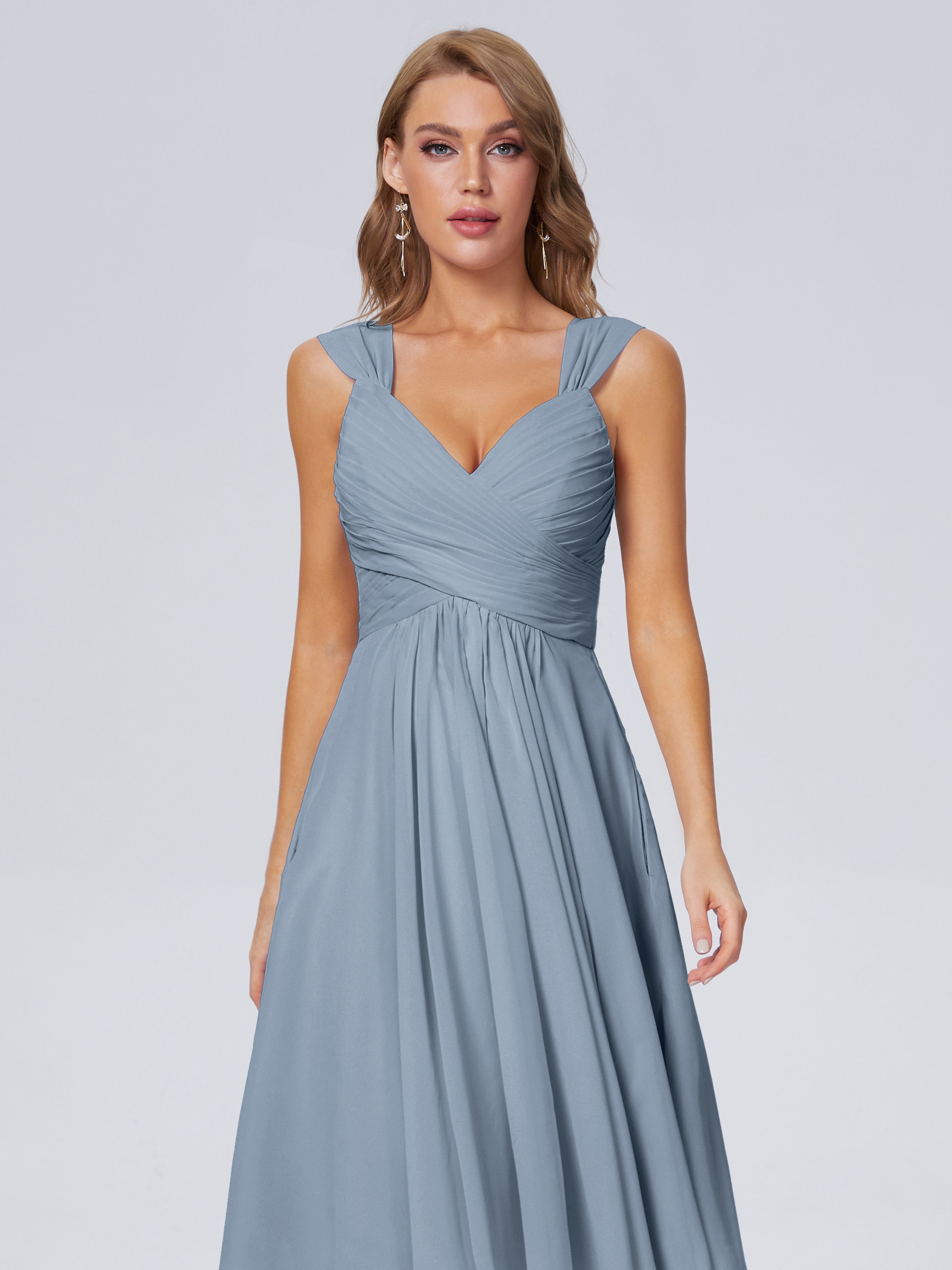 Robes De Demoiselle D'Honneur Bleu Poussiéreux Abordable Bretelles Courtes Mousseline Robes Demoiselle D'Honneur