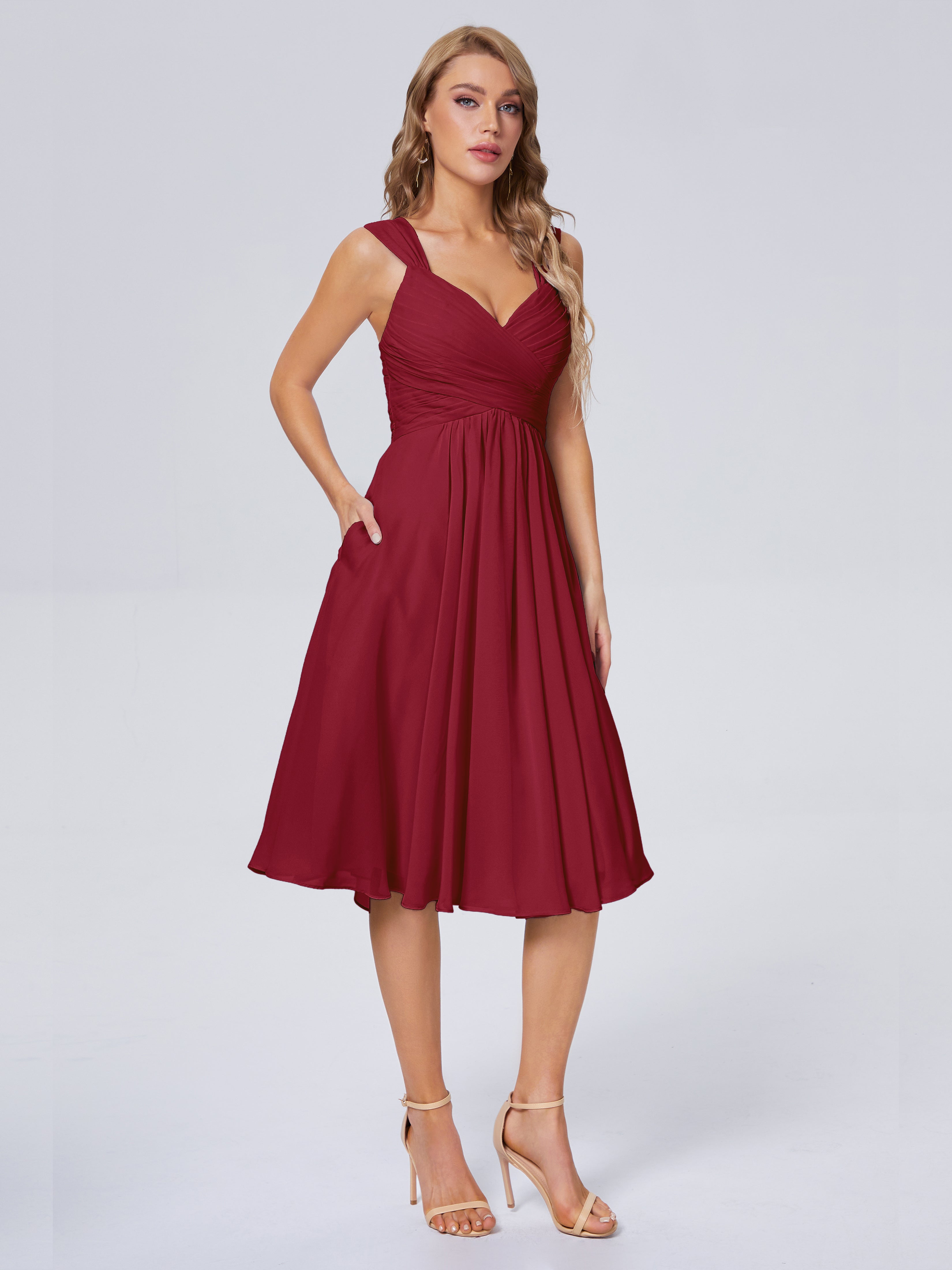 Robe Demoiselle D Honneur Rouge Bordeaux Abordable Bretelles Courtes Mousseline Robes Demoiselle D'Honneur