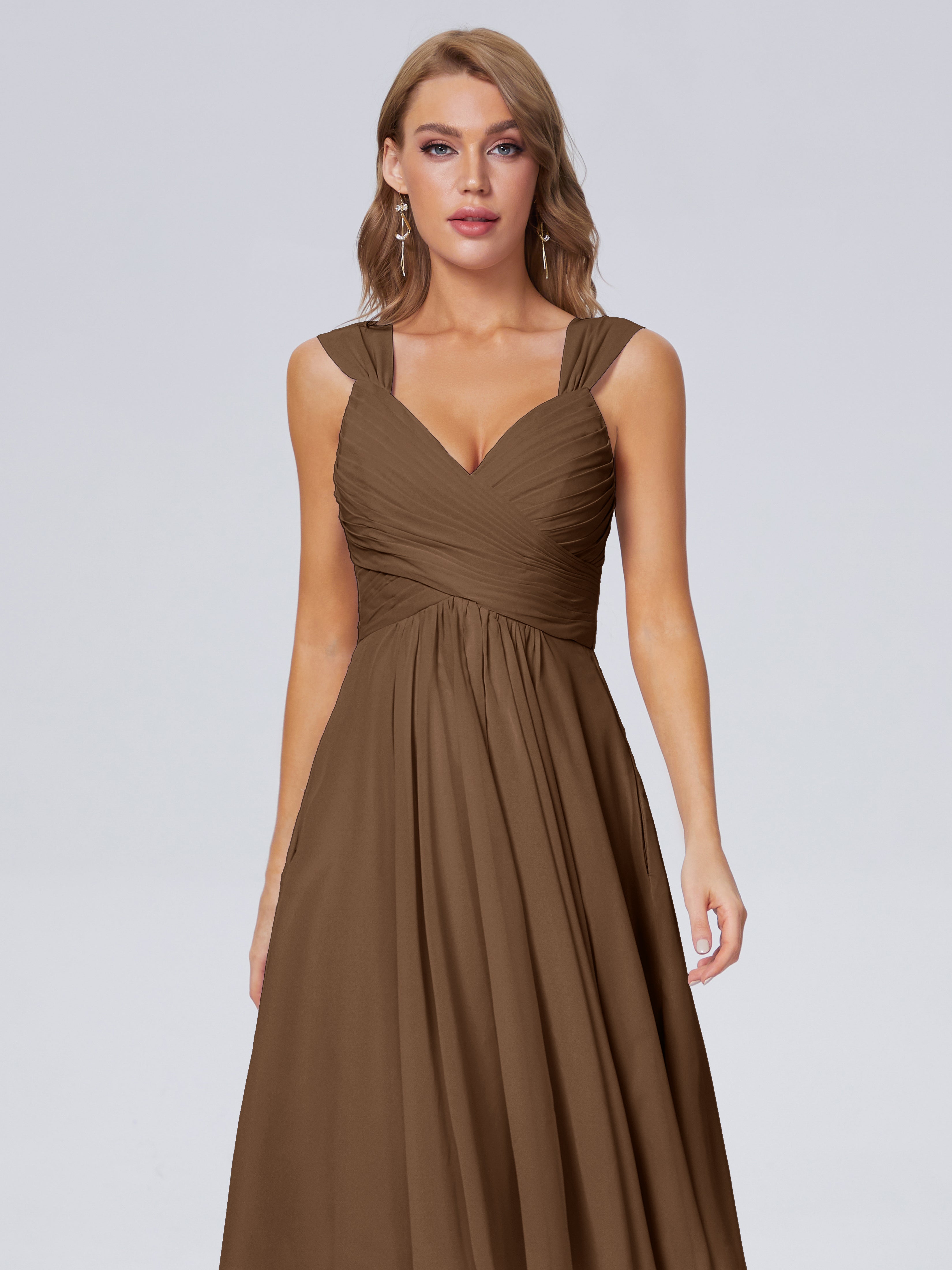 Robe Demoiselle D Honneur Brun Abordable Bretelles Courtes Mousseline Robes Demoiselle D'Honneur