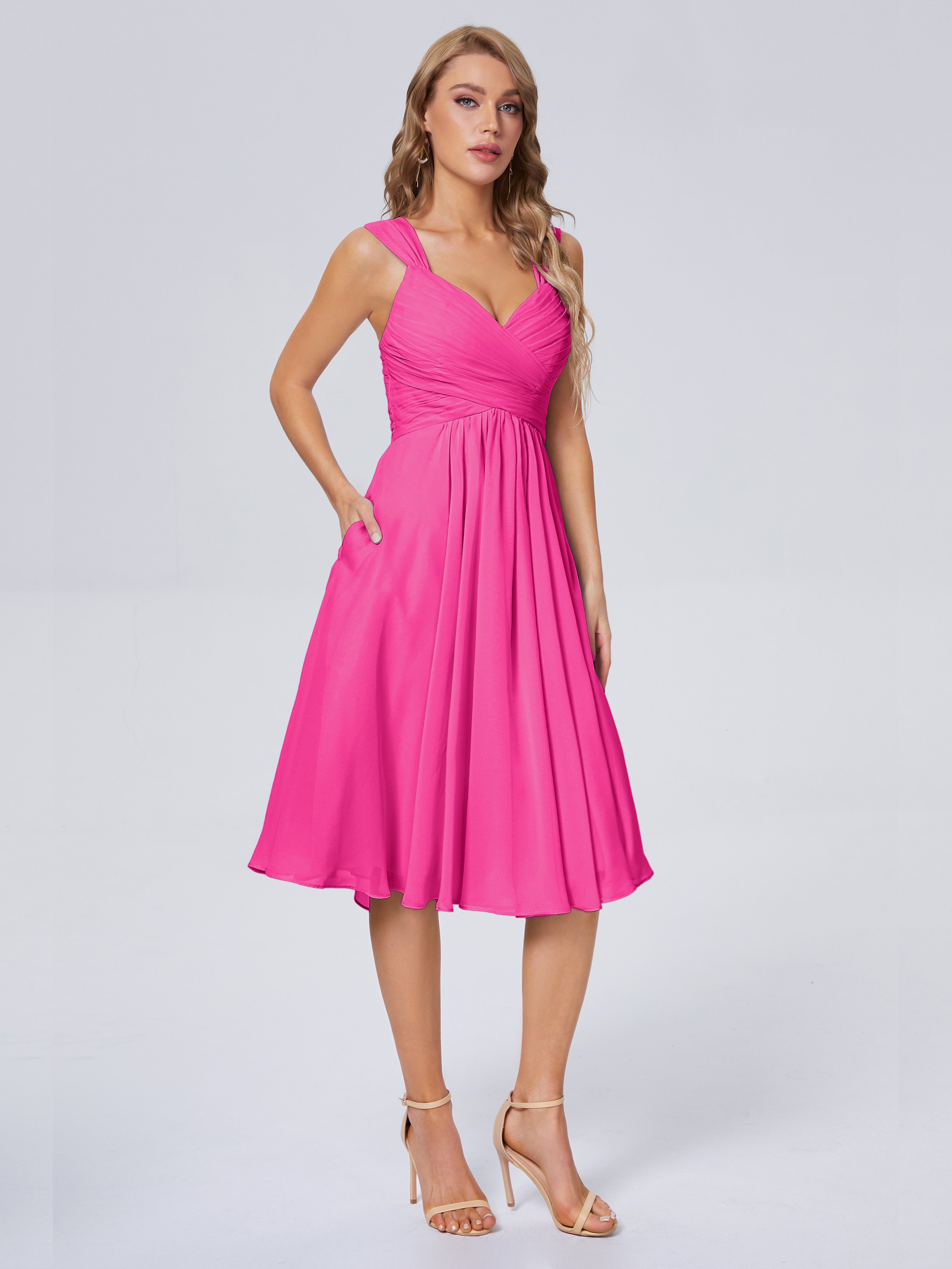 Robes De Demoiselle D'Honneur Rose Fuchsia Abordable Bretelles Courtes Mousseline Robes Demoiselle D'Honneur