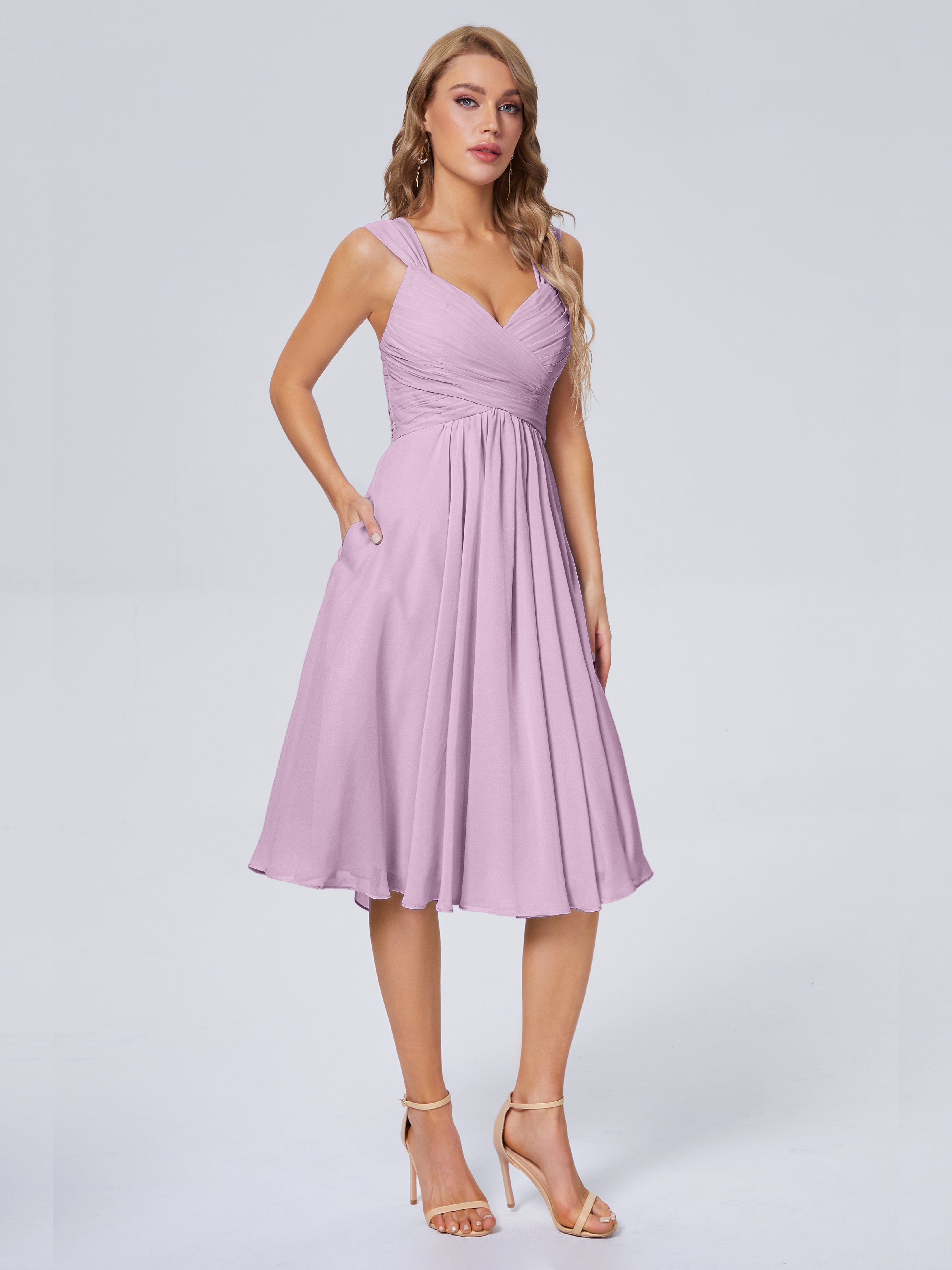 Robes De Demoiselle D'Honneur Glycine Abordable Bretelles Courtes Mousseline Robes Demoiselle D'Honneur