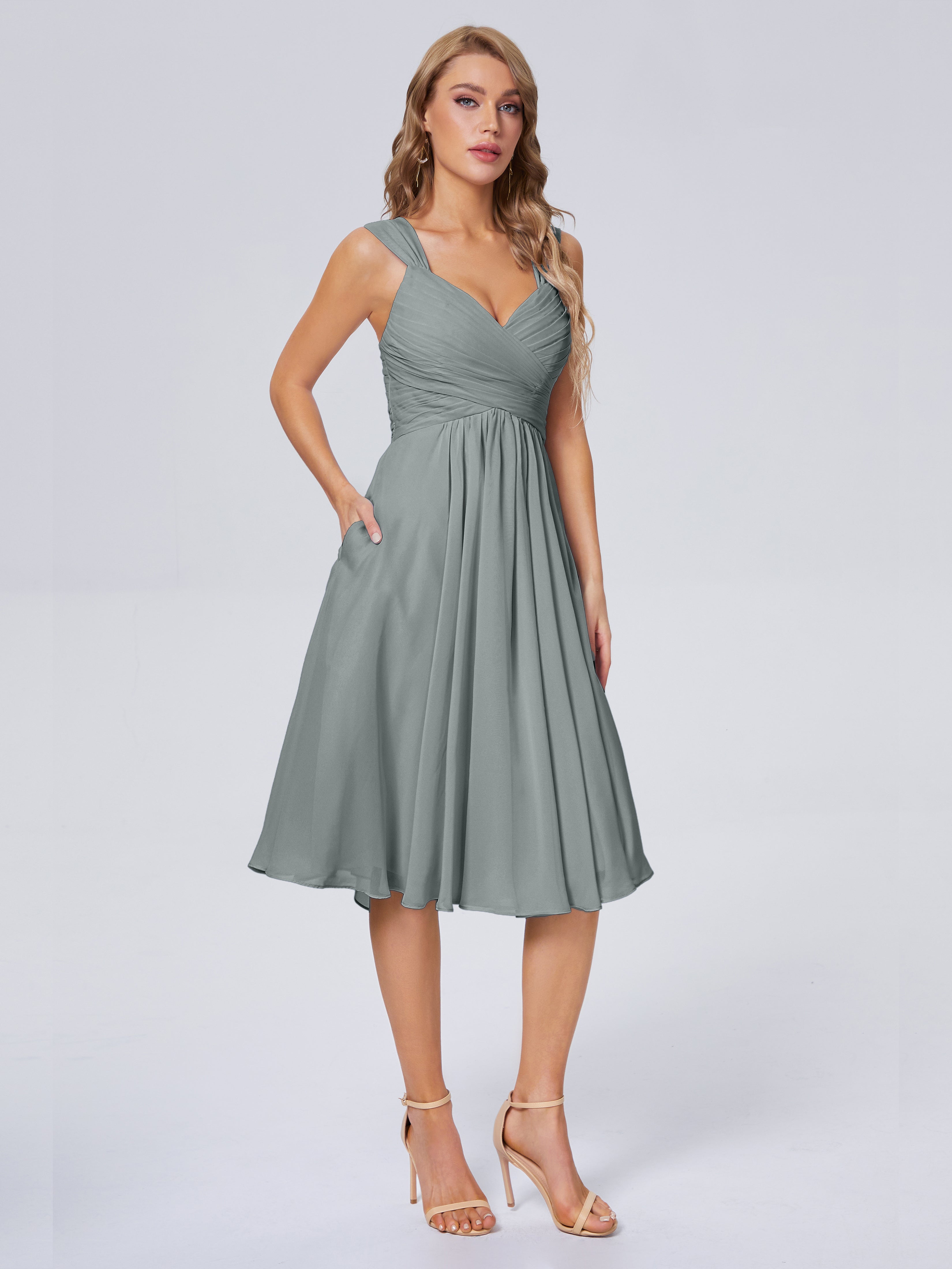 Robe Longue Grise Demoiselle D Honneur Abordable Bretelles Courtes Mousseline Robes Demoiselle D'Honneur