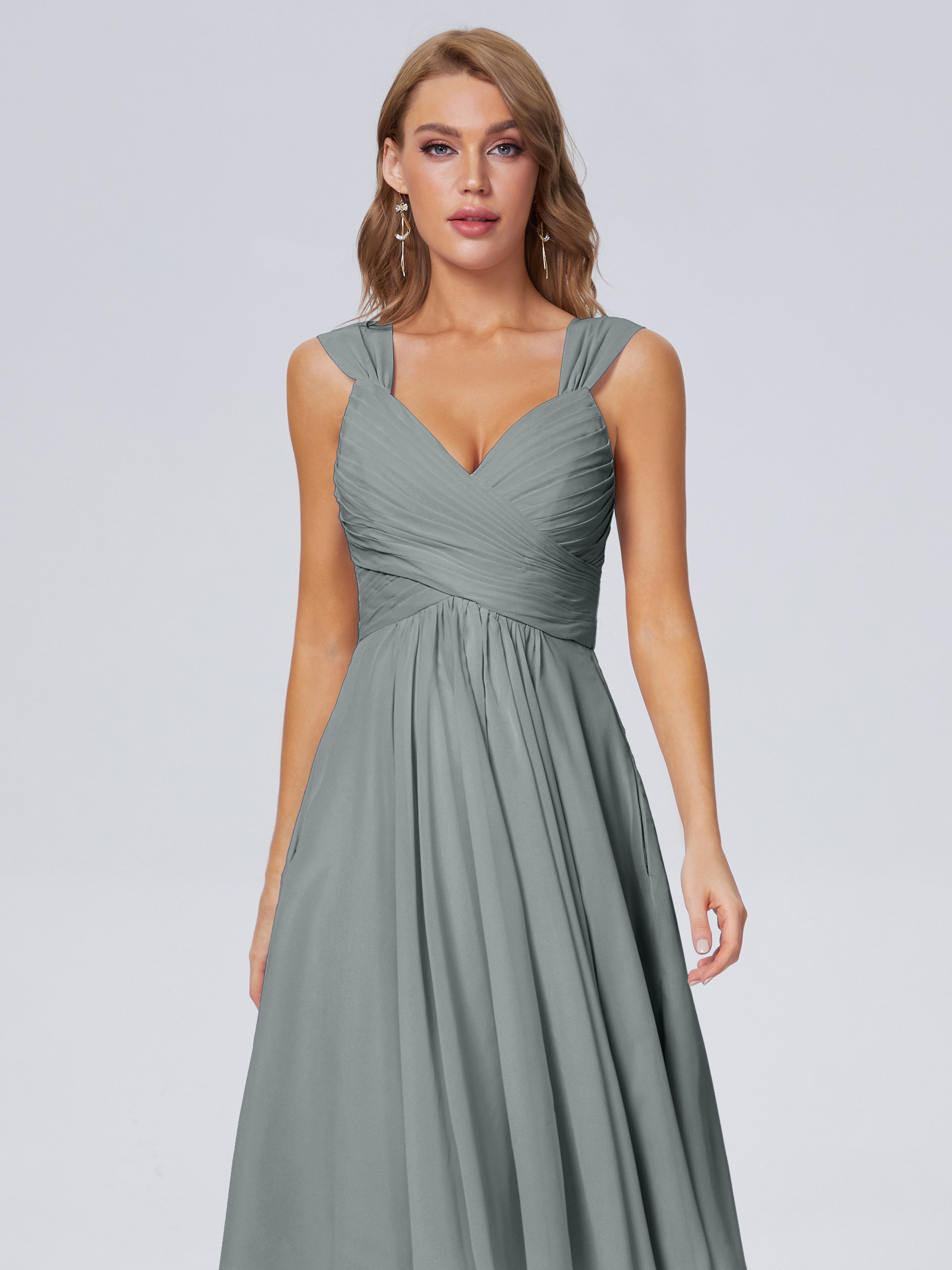 Robe Longue Grise Demoiselle D Honneur Abordable Bretelles Courtes Mousseline Robes Demoiselle D'Honneur