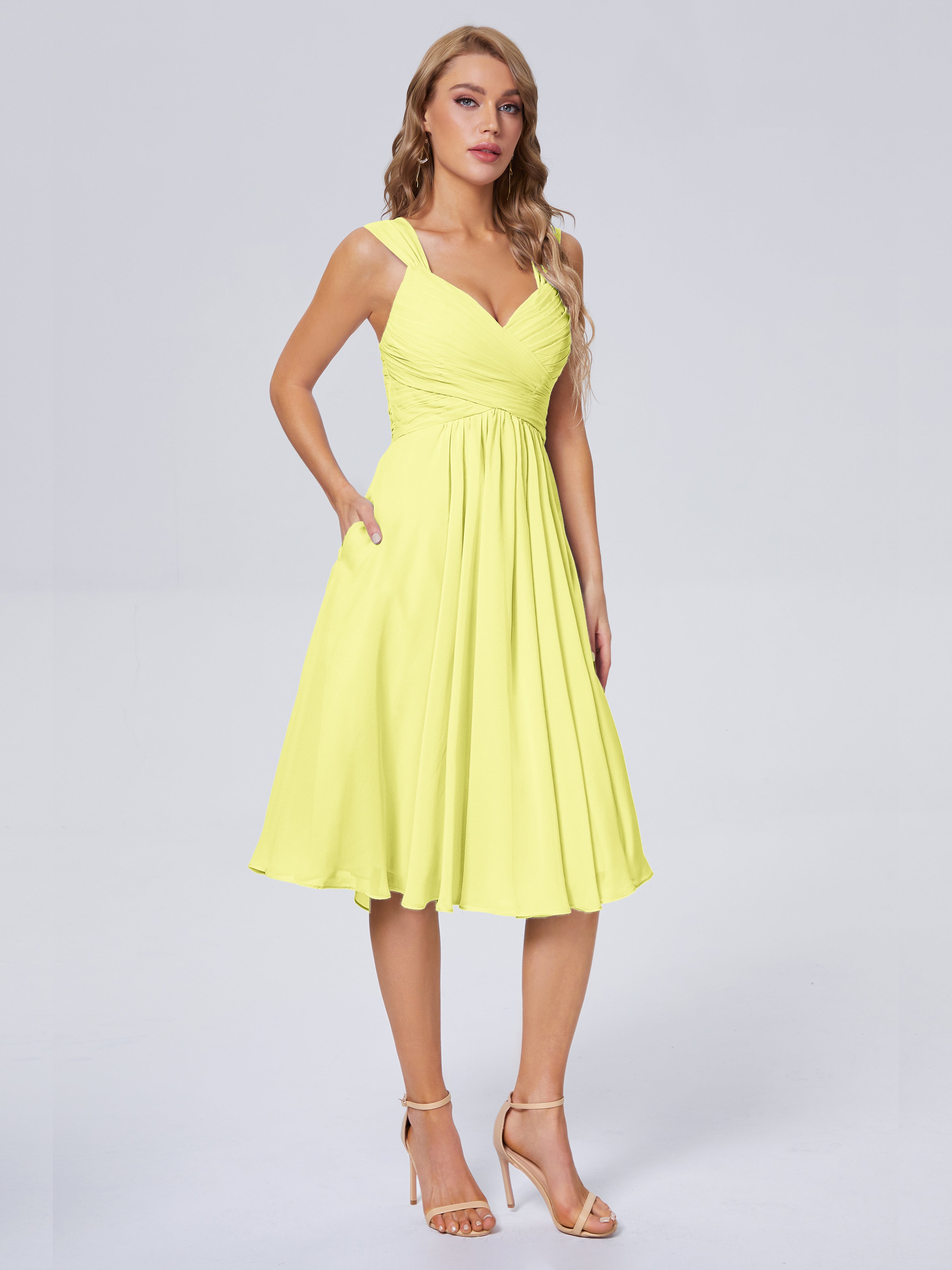 Robes De Demoiselle D'Honneur Jonquille Abordable Bretelles Courtes Mousseline Robes Demoiselle D'Honneur