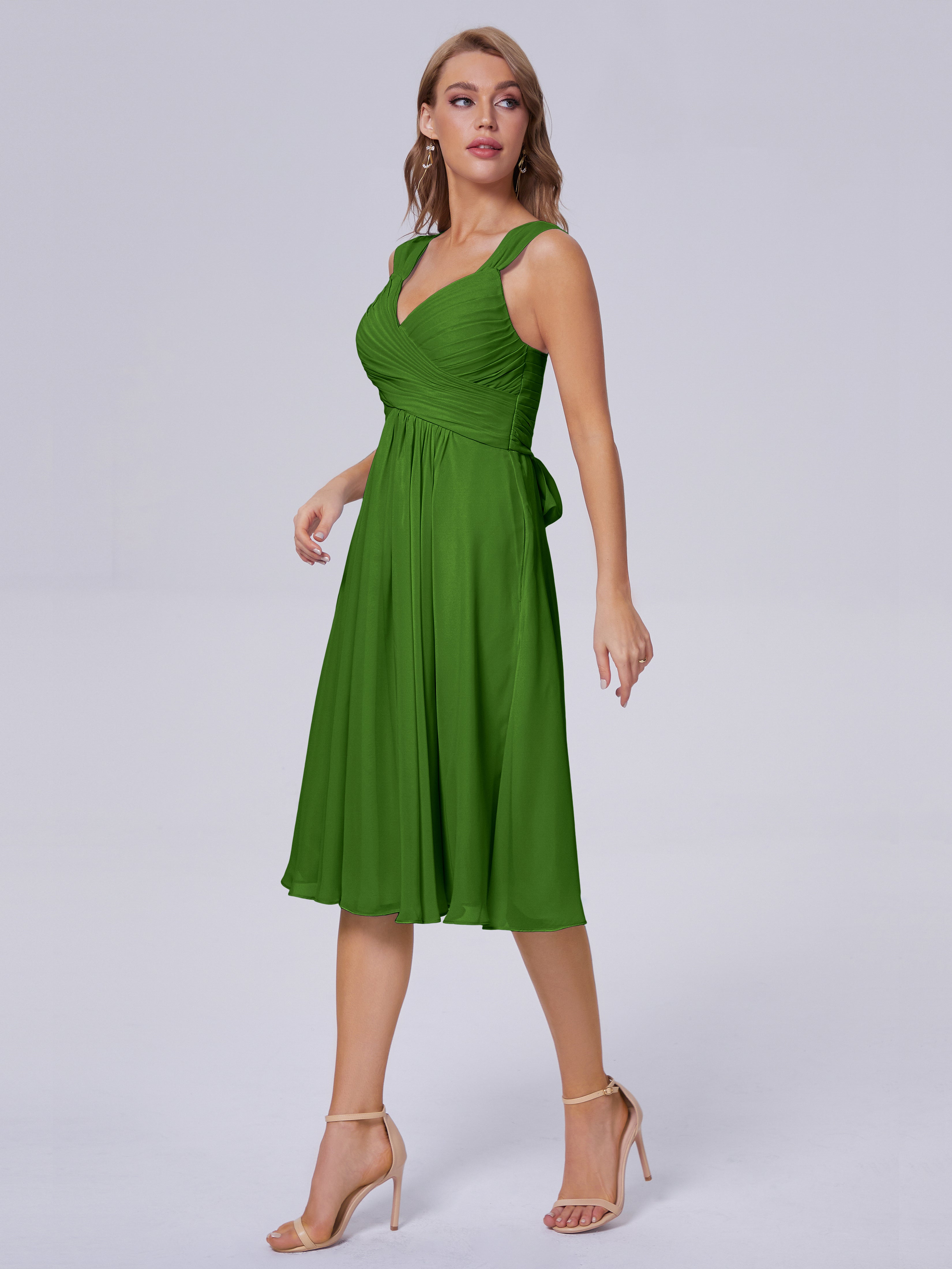 Robes De Demoiselle D'Honneur Vert Mousse Abordable Bretelles Courtes Mousseline Robes Demoiselle D'Honneur