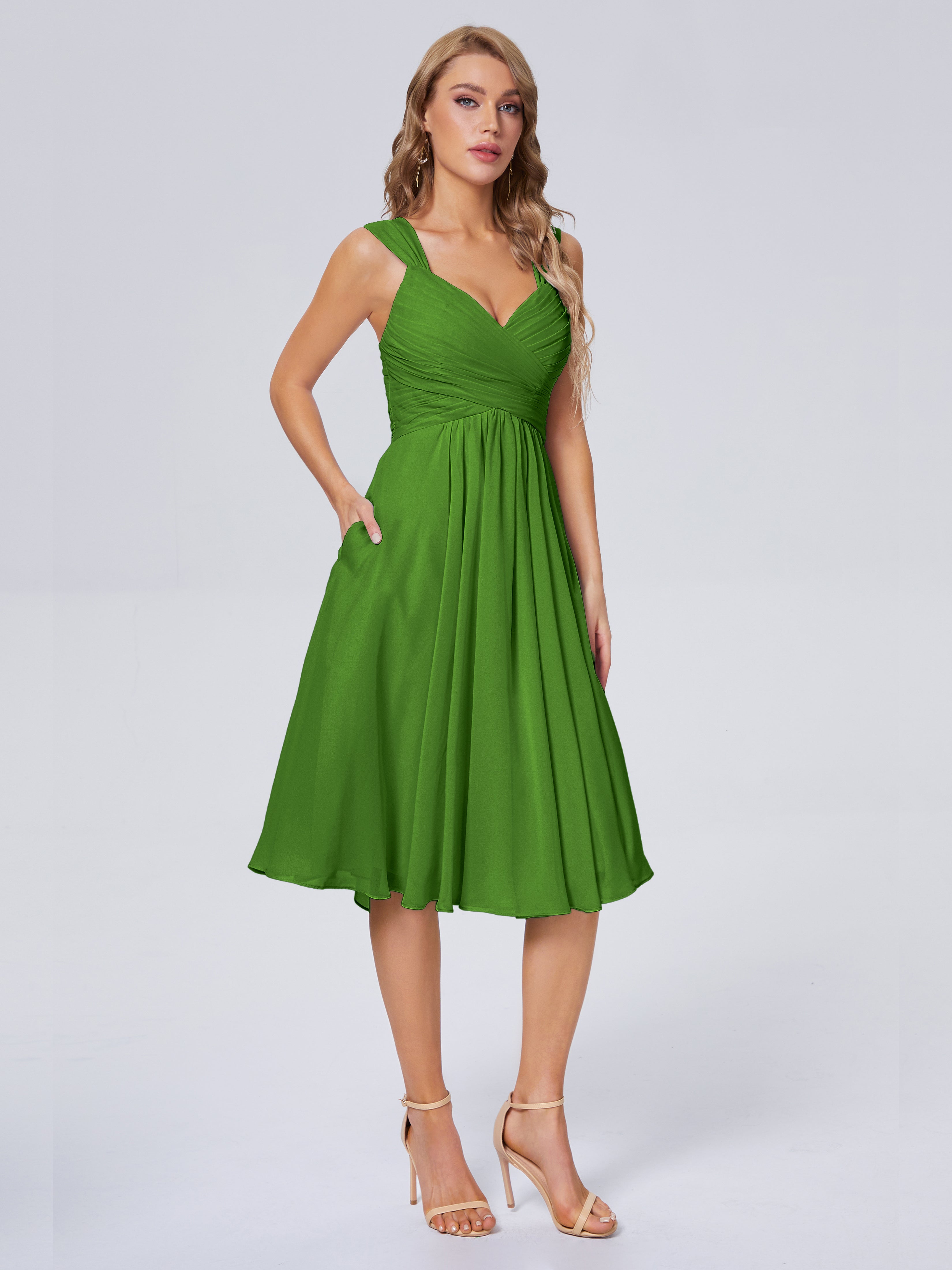 Robes De Demoiselle D'Honneur Vert Mousse Abordable Bretelles Courtes Mousseline Robes Demoiselle D'Honneur