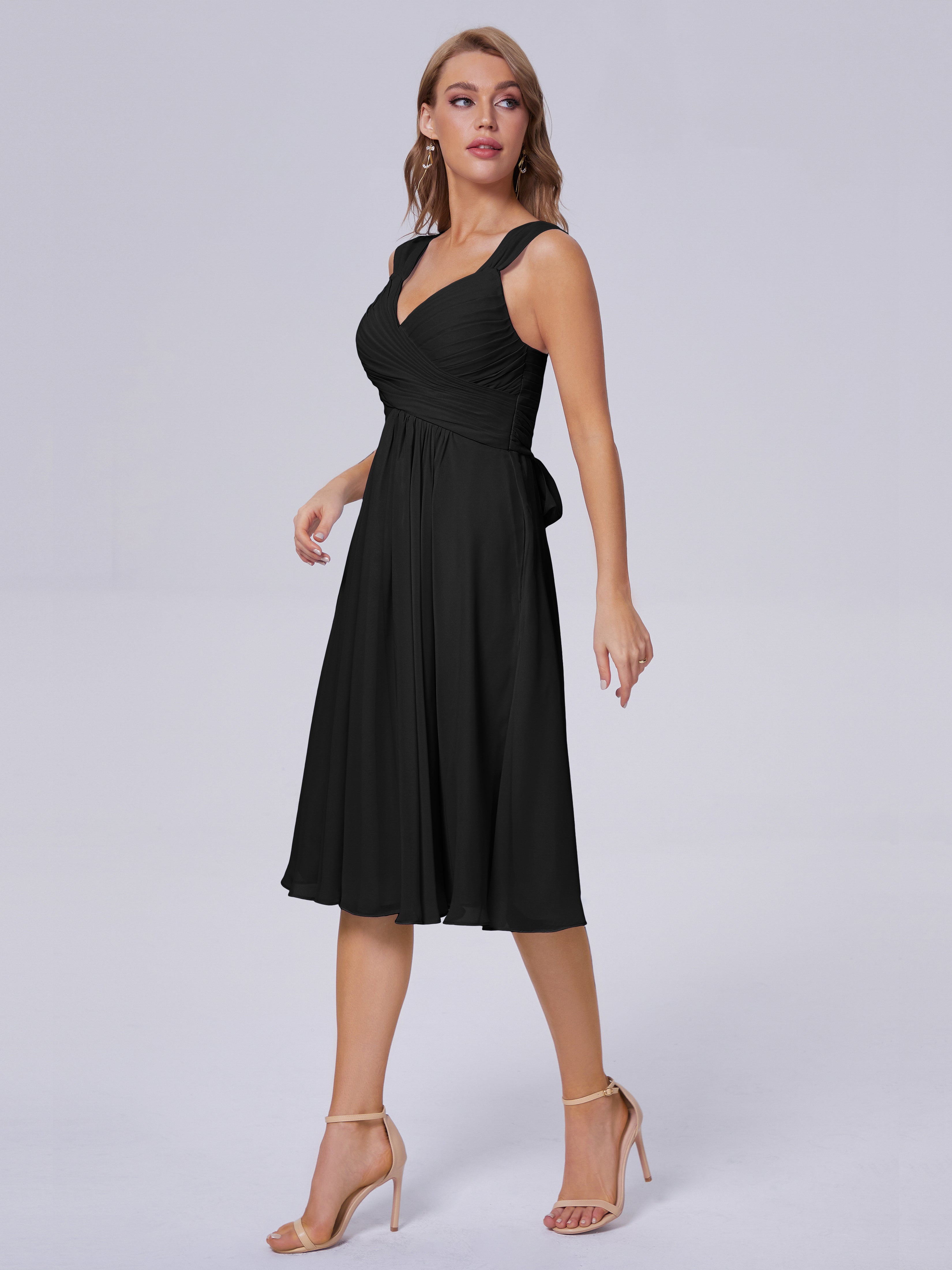 Robe De Demoiselle D Honneur Noir Abordable Bretelles Courtes Mousseline Robes Demoiselle D'Honneur