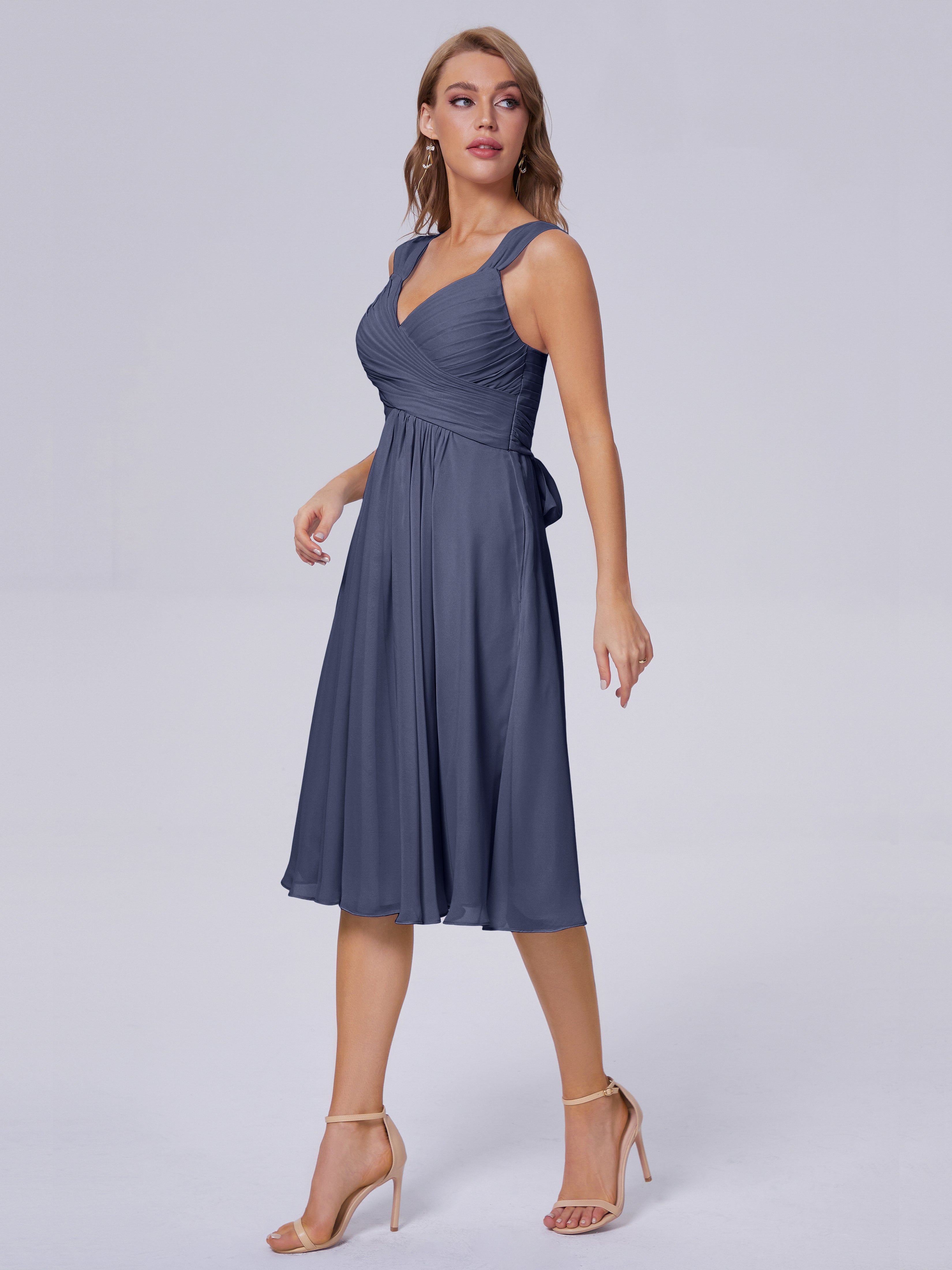Robes De Demoiselle D'Honneur Bleu Orageux Abordable Bretelles Courtes Mousseline Robes Demoiselle D'Honneur
