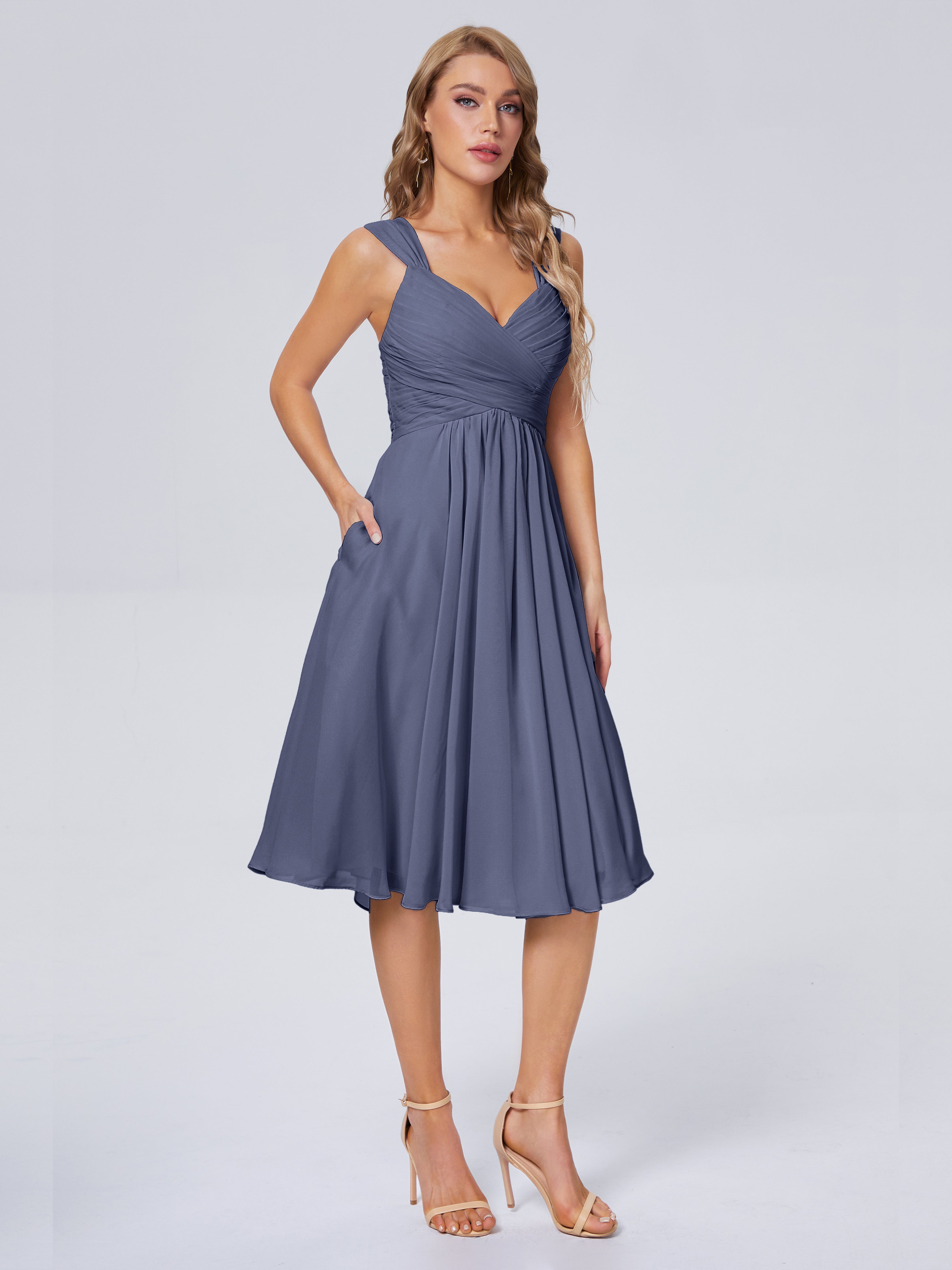 Robes De Demoiselle D'Honneur Bleu Orageux Abordable Bretelles Courtes Mousseline Robes Demoiselle D'Honneur